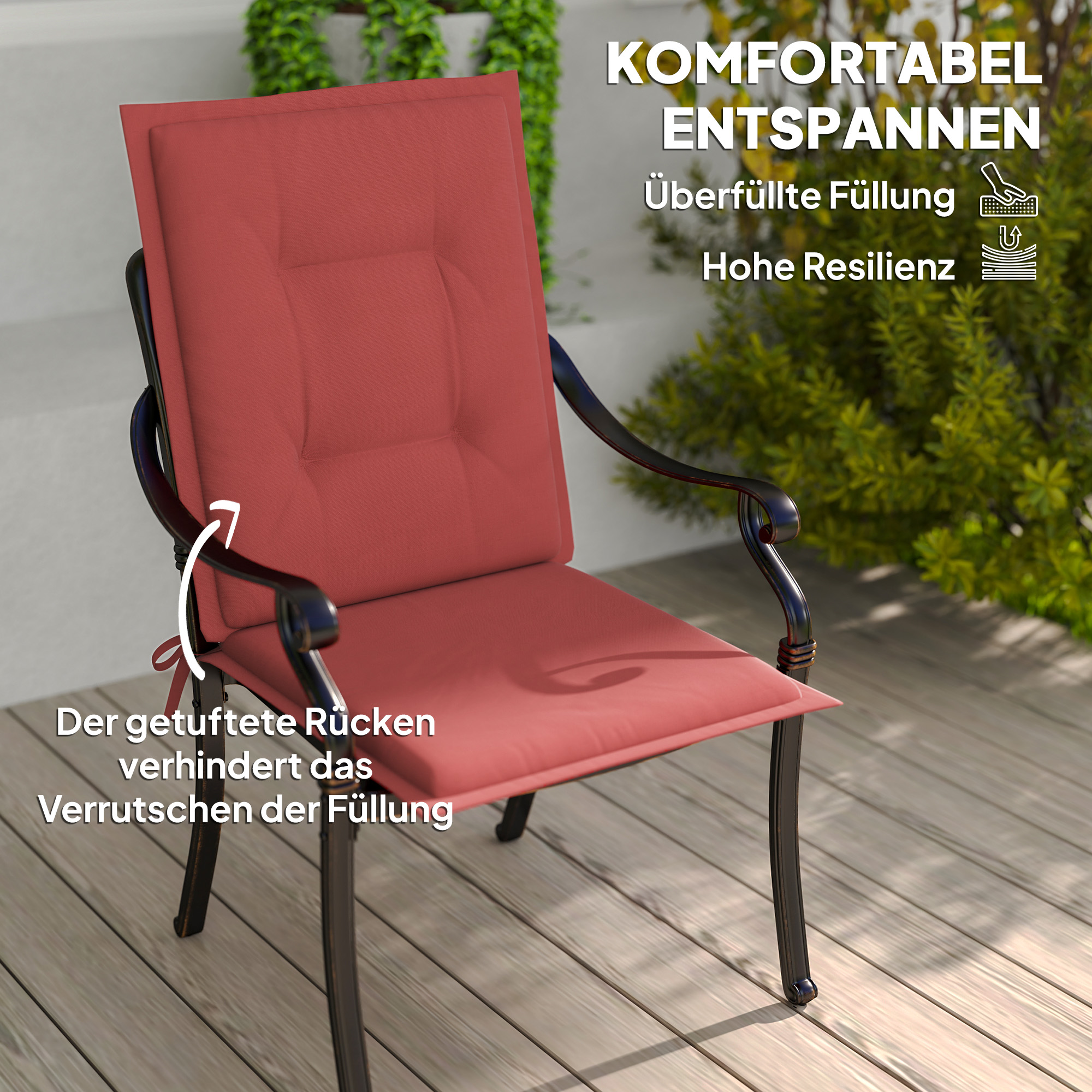 4er Set Sitzkissen 108 x 50 x 5 cm Stuhlkissen mit Bändern, Outdoor Indoor Sitzauflage Weinrot