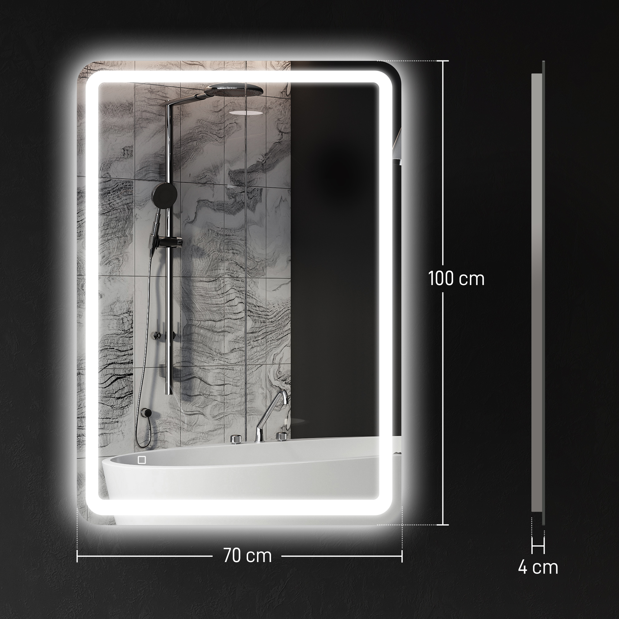 Badezimmerspiegel, beleuchtet, Touch-Steuerung, beschlagfrei, dimmbar, 3 Lichtfarben, 70 x 100, Silber