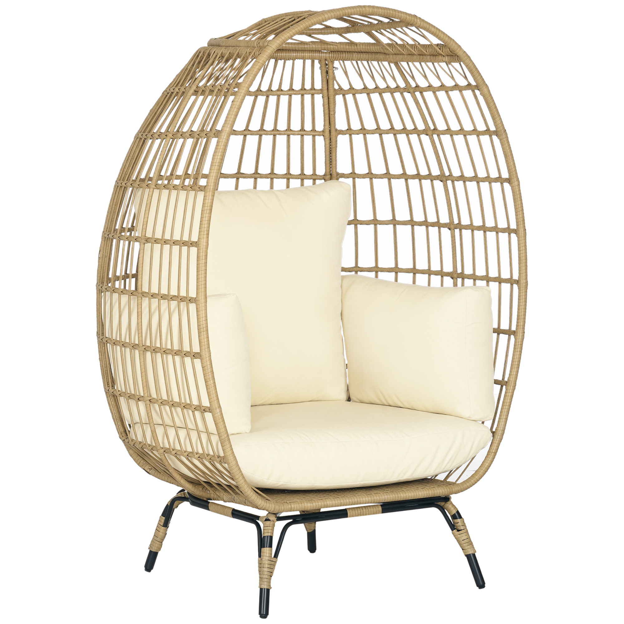 Korbstuhl in Rattanoptik, weiche Sitzkissen, Aluminiumrahmen, khaki+beige, 105 x 90 x 148 cm