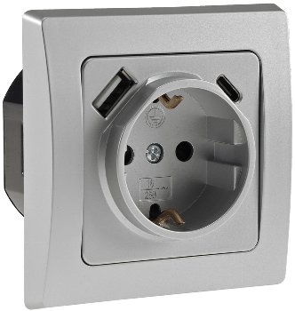 DELPHI Schutzkontakt-Steckdose, silber / 230V~/ 16A, Unterputz, USB-C / PD