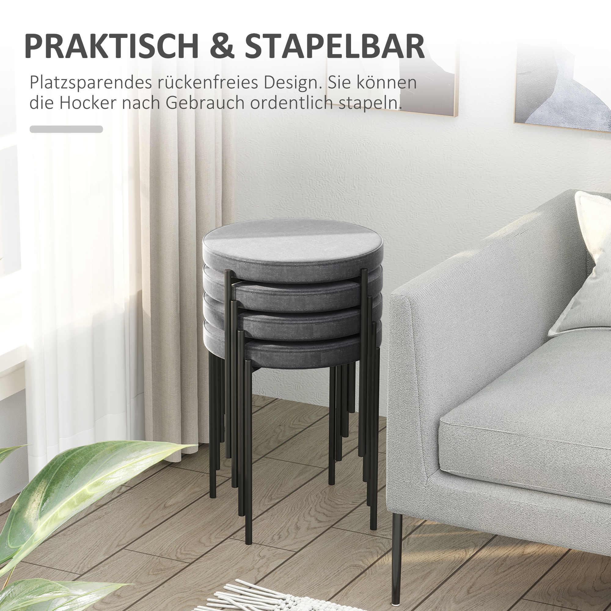 4er-Set Esszimmerhocker Stapelbar Esszimmerstühle Küchenstuhl mit gepolstertem Sitz, Samtoptik Sitzhocker Samt für Küche Esszimmer Metall Grau 41,5 x 41,5 x 46 cm
