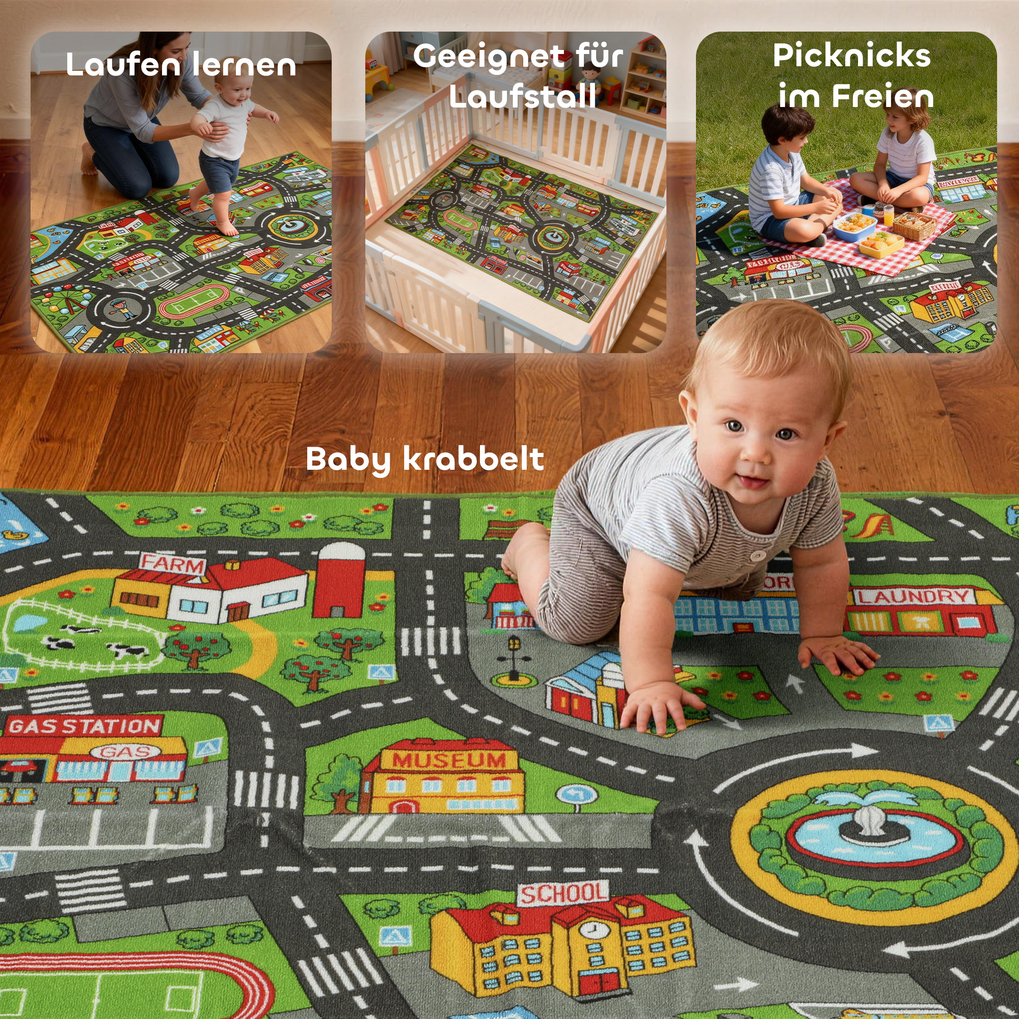 Krabbelmatte Baby, Spielmatte 160x100x0,5cm, Krabbeldecke mit Rutschfester Unterseite Stadtmotiv für Kinderzimmer