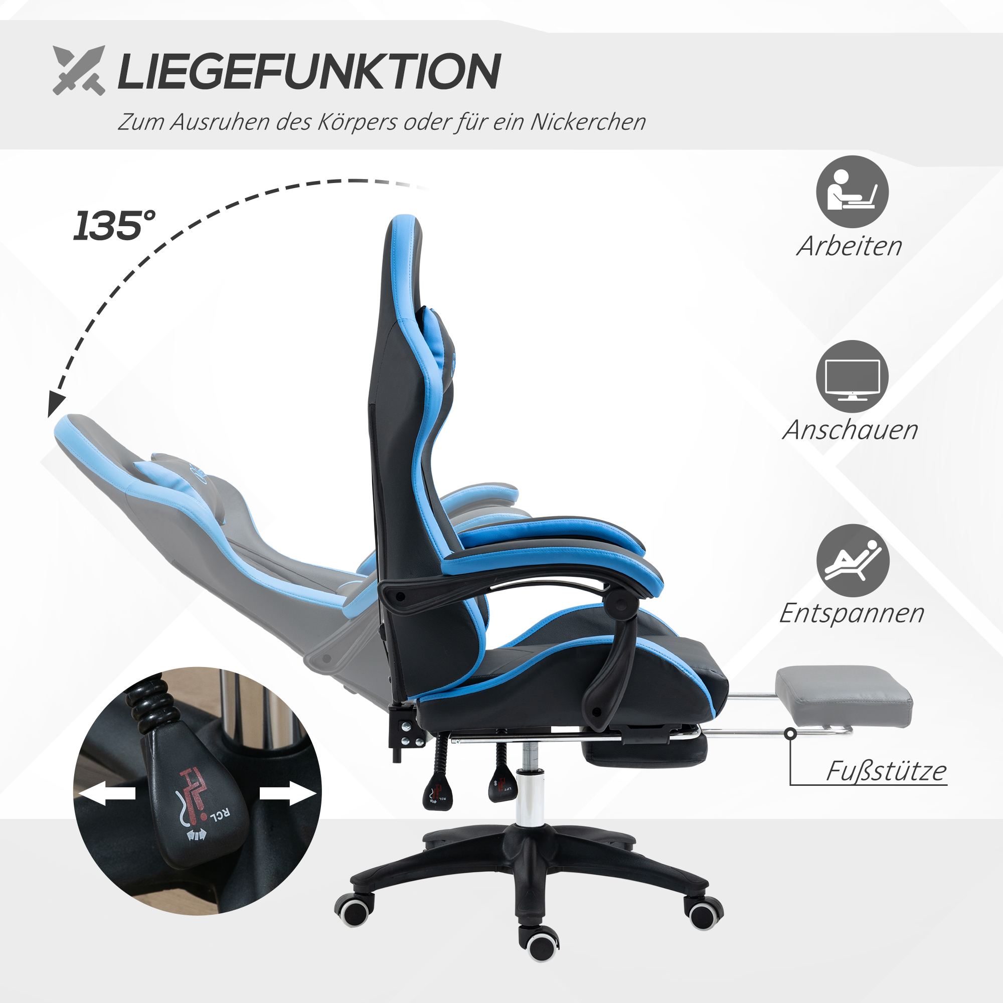 Bürostuhl, Gamingstuhl, 1 Kopfstütze, 1 Lendenstütze, Blau + Schwarz