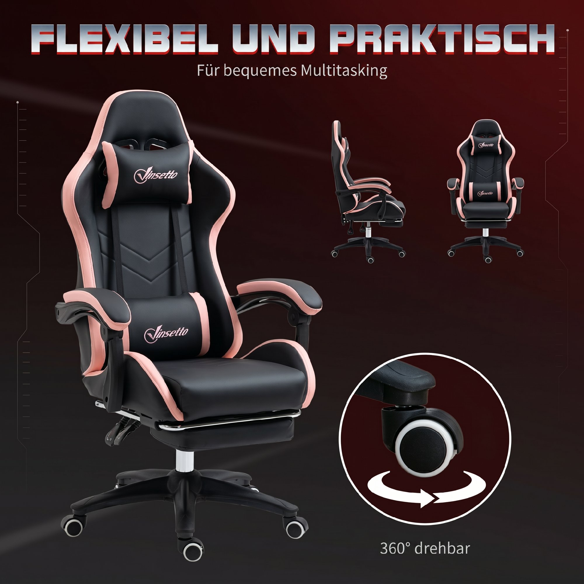 Bürostuhl, Gamingstuhl, 1 Kopfstütze, 1 Lendenstütze, Rosa + Schwarz