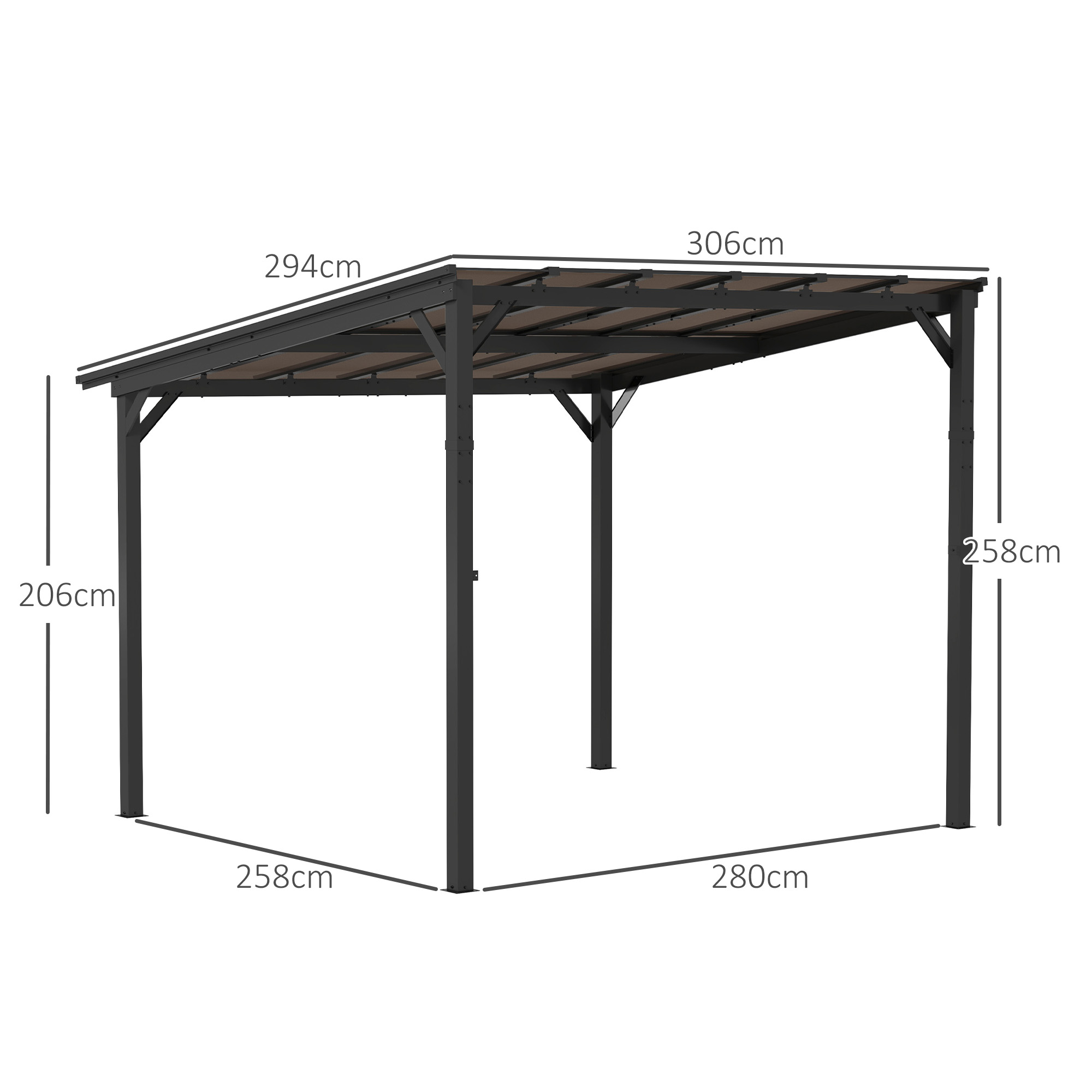 3 x 3 m Metallpergola, Gartenpergola mit wasserfestem Dach, freistehend, windfest, UV-beständig, Dunkelgrau