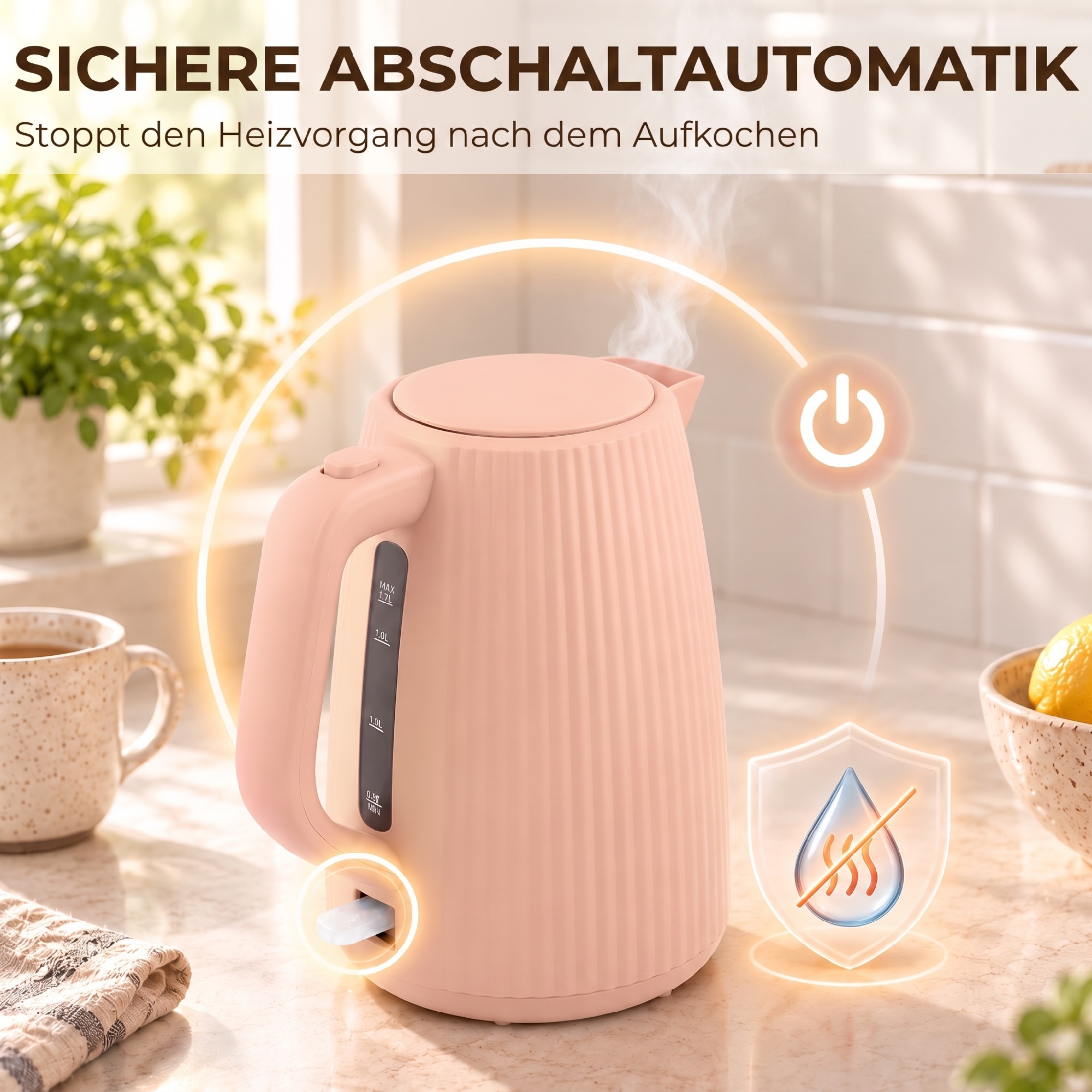 elektrischer Wasserkocher, 1,7L, Schnellkochfunktion, 2200W, mit herausnehmbarem Kalkfilter, Abschaltautomatik, Rosa