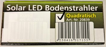 Solar LED Bodenstrahler "CTB-E", eckig / 105x105x40mm, IP44, Edelstahl-Front