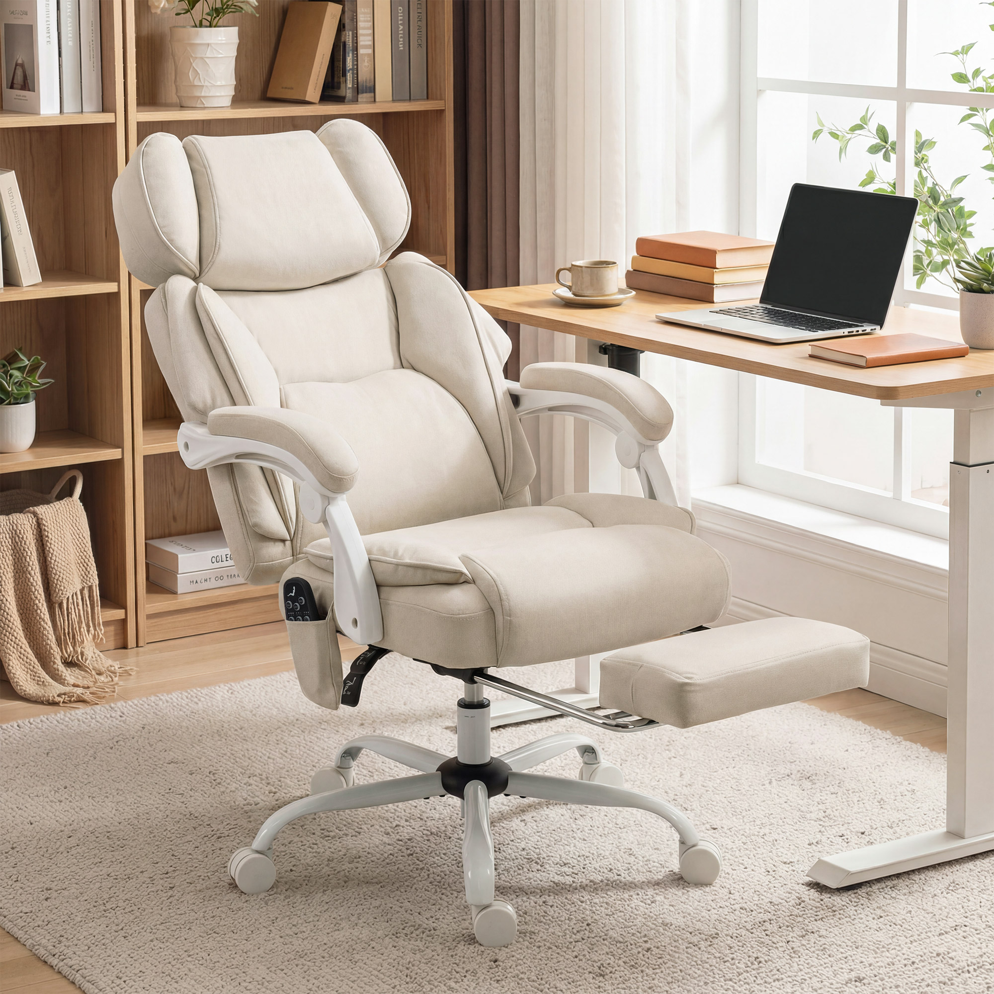 Hochlehner-Bürostuhl mit Vibrationsmassage und Heizung, ergonomisch, neigbar, mit Fußstütze, Cremeweiß