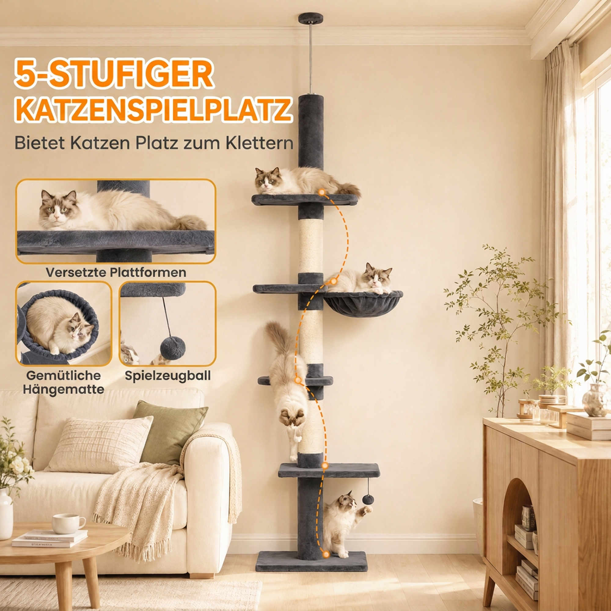 Kratzbaum Deckenhoch 225-255 cm höhenverstellbar Katzenbaum mit 5 Etagen 3 Sisal-Kratzstämmen, Hängematte, Plattformen