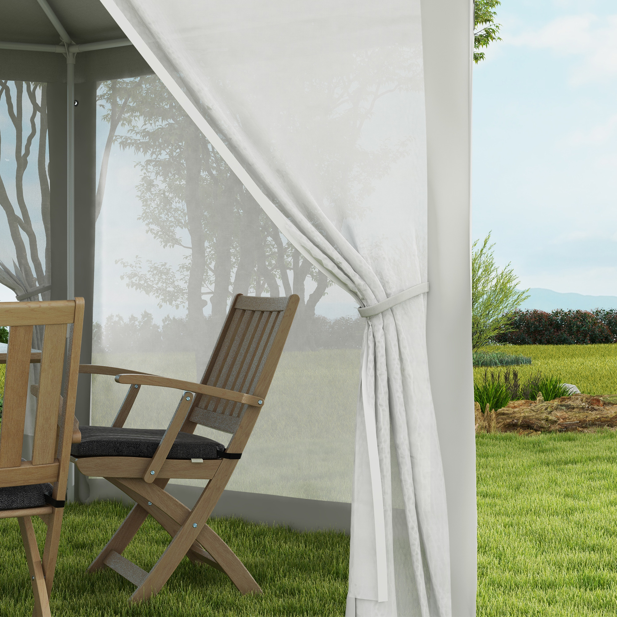 Gartenpavillon, 6-eckig, Netzvorhänge, Metallgestell, 3,94x3,412x2,5m, Creme