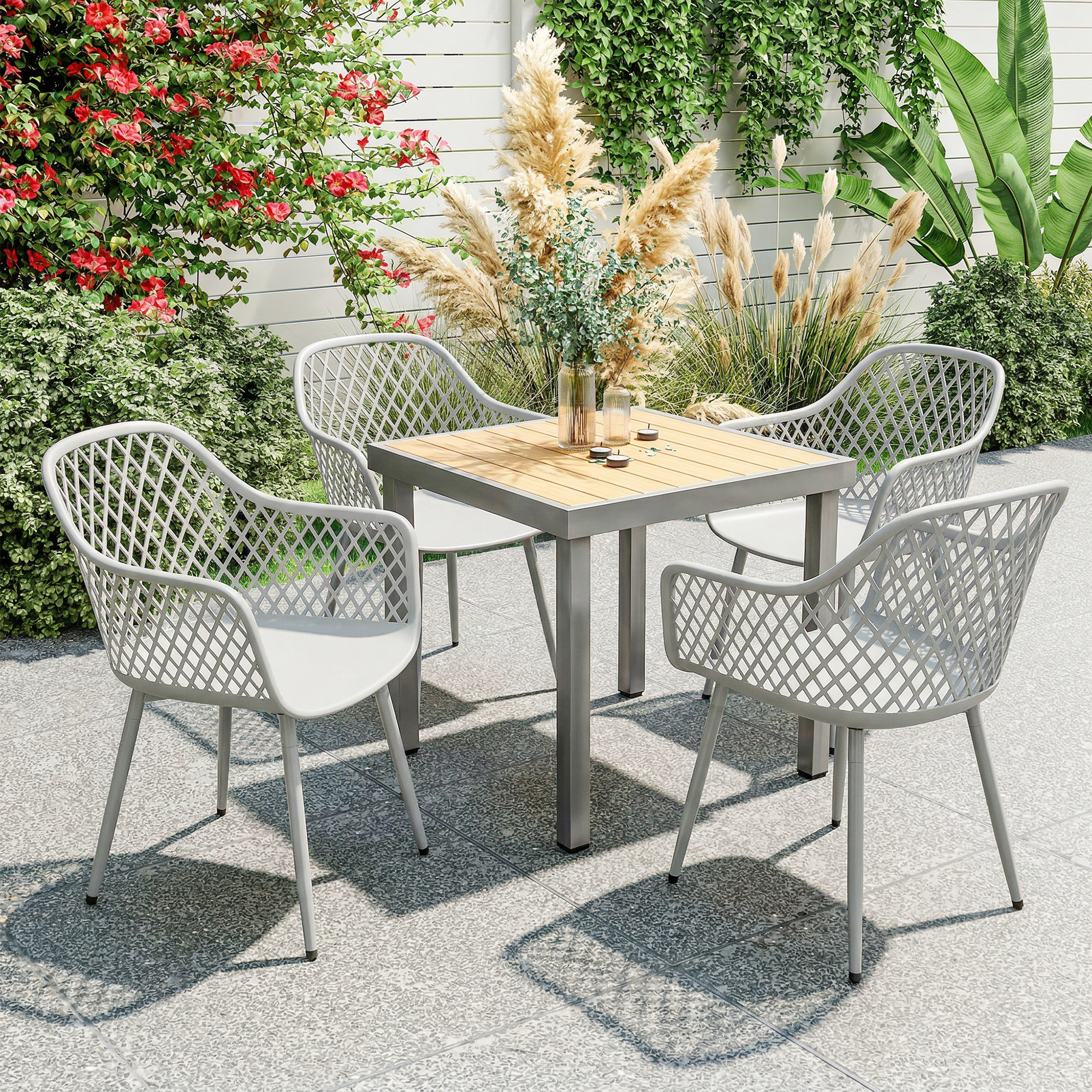 Gartenstuhl 4er Set UV-beständige Gartenstühle aus Kunststoff mit Armlehne Rückenlehne 56 x 51 x 84 cm Grau