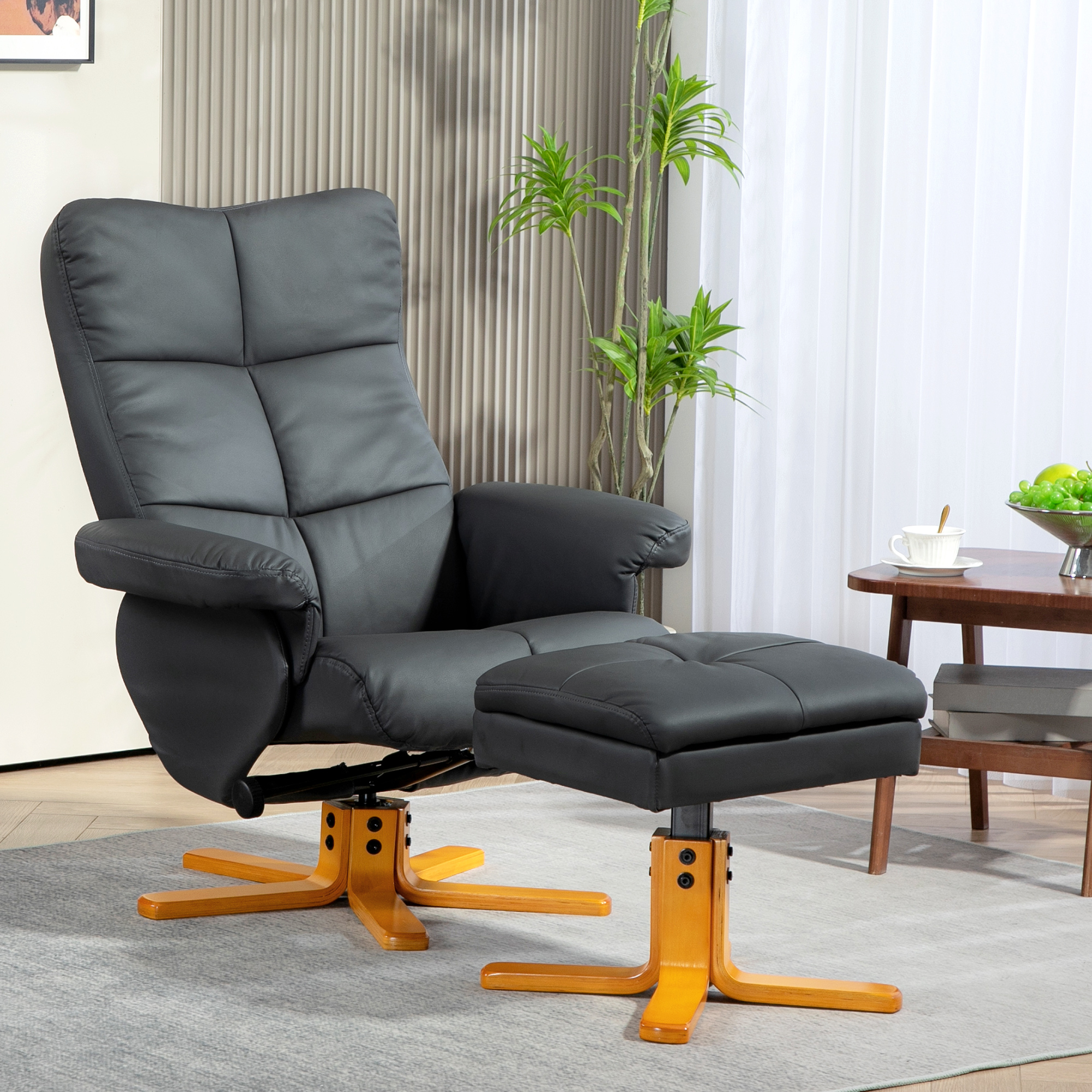 Relaxsessel mit Hocker, 145° neigbare Rückenlehne, 360° drehbar, Kunstleder, Dunkelgrau