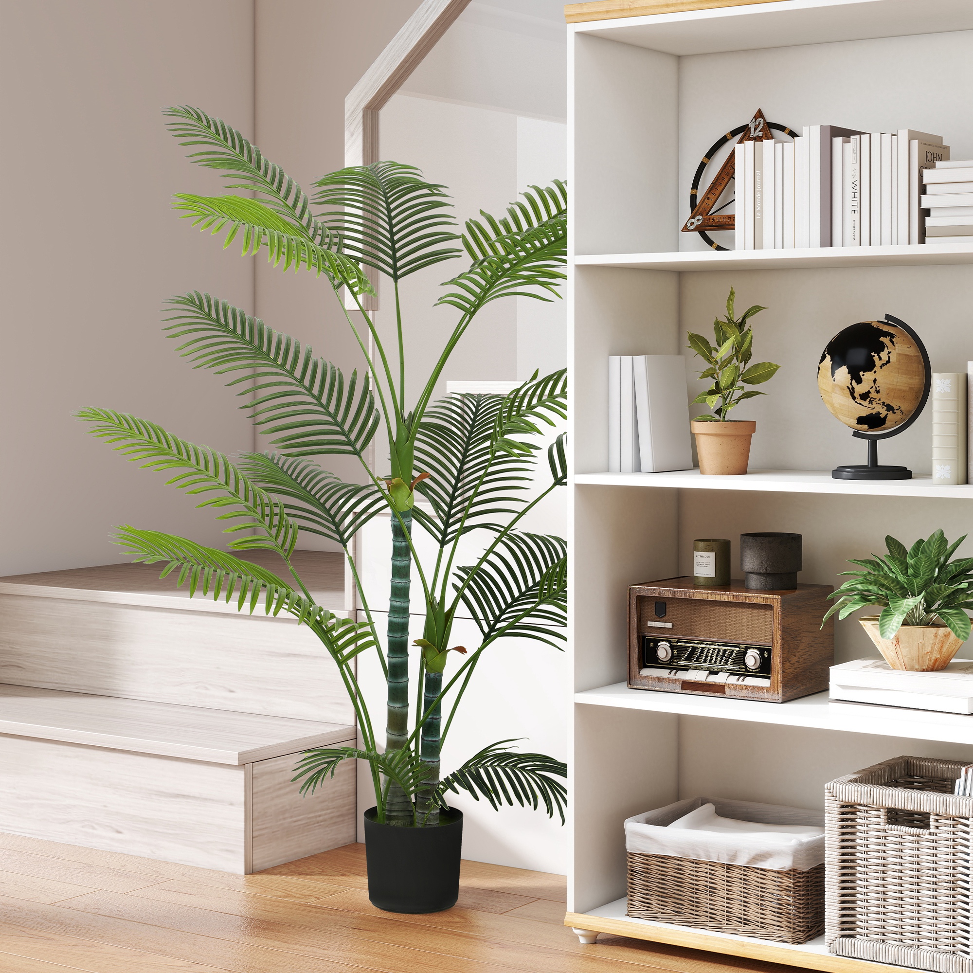 Künstliche Palme mit 16 Kunststoff-Blättern, UV-beständige Kunstpflanze mit Plastiktopf, für drinnen und draußen, Grün