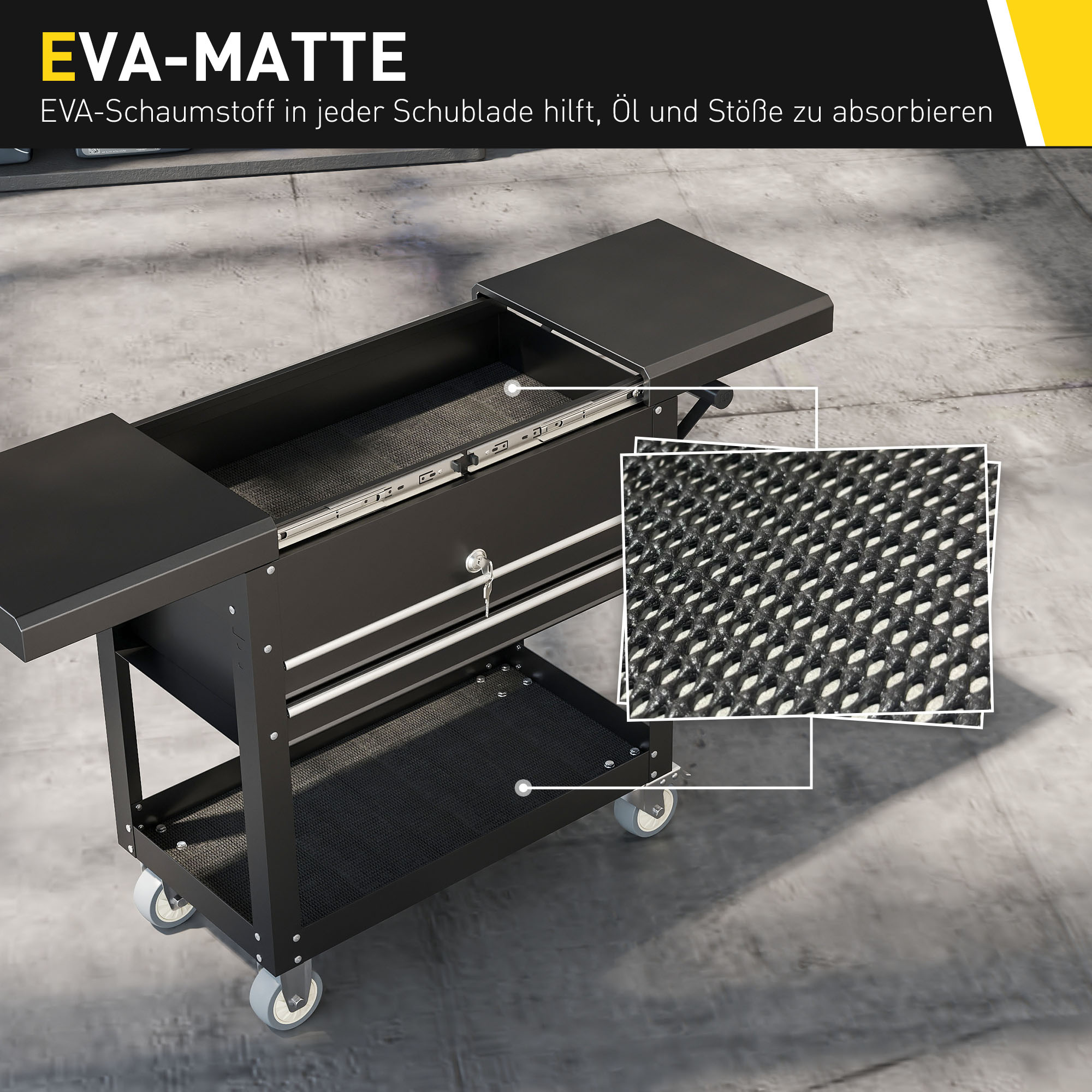 Rollender Werkzeugschrank, Werkzeugkasten mit Schubladen, Arbeitsfläche, verschließbar, mit Griff, Stahl, Schwarz