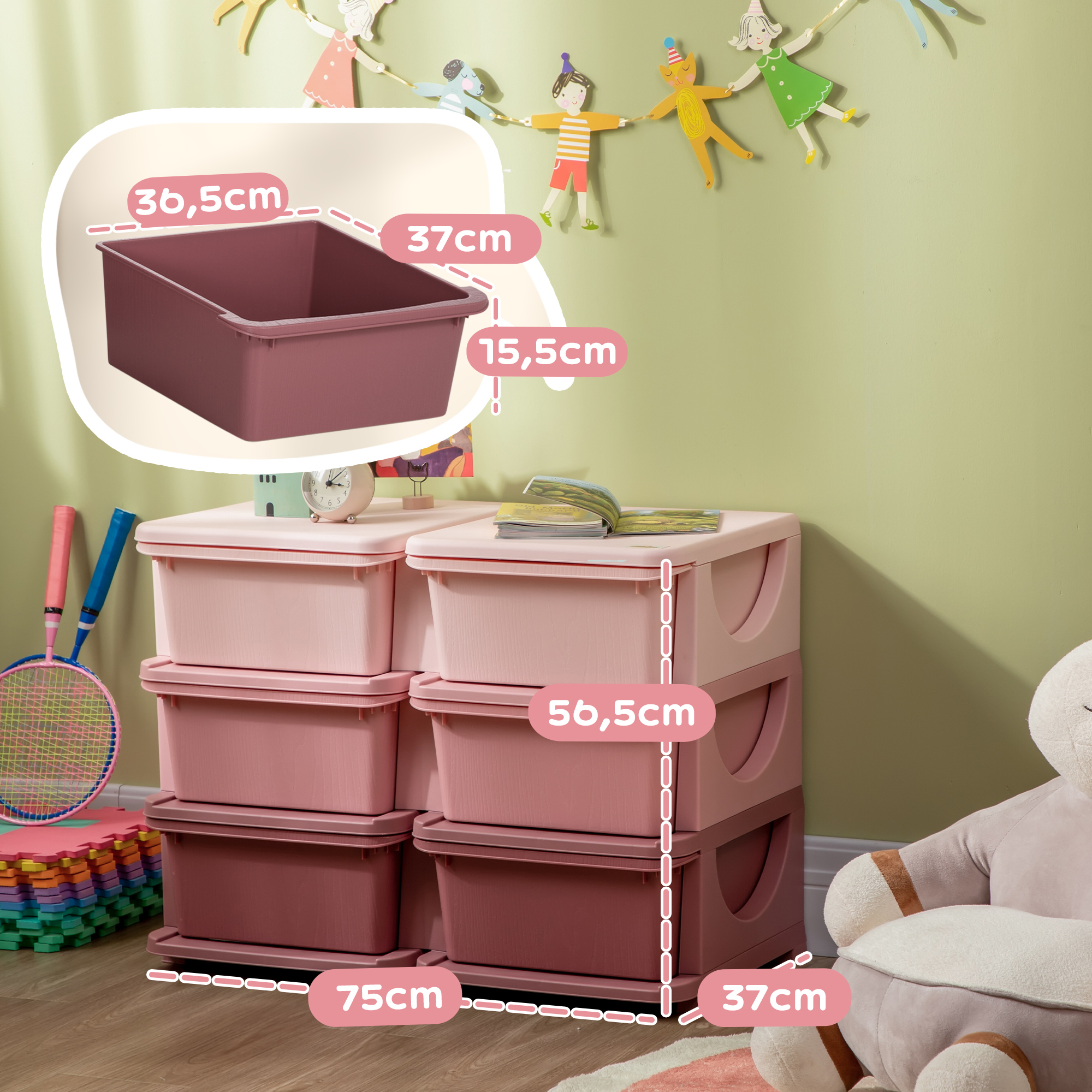 Aufbewahrungsbox für Kinder, Kinder-Aufbewahrungsbox, 3 Schubladen, Rosa