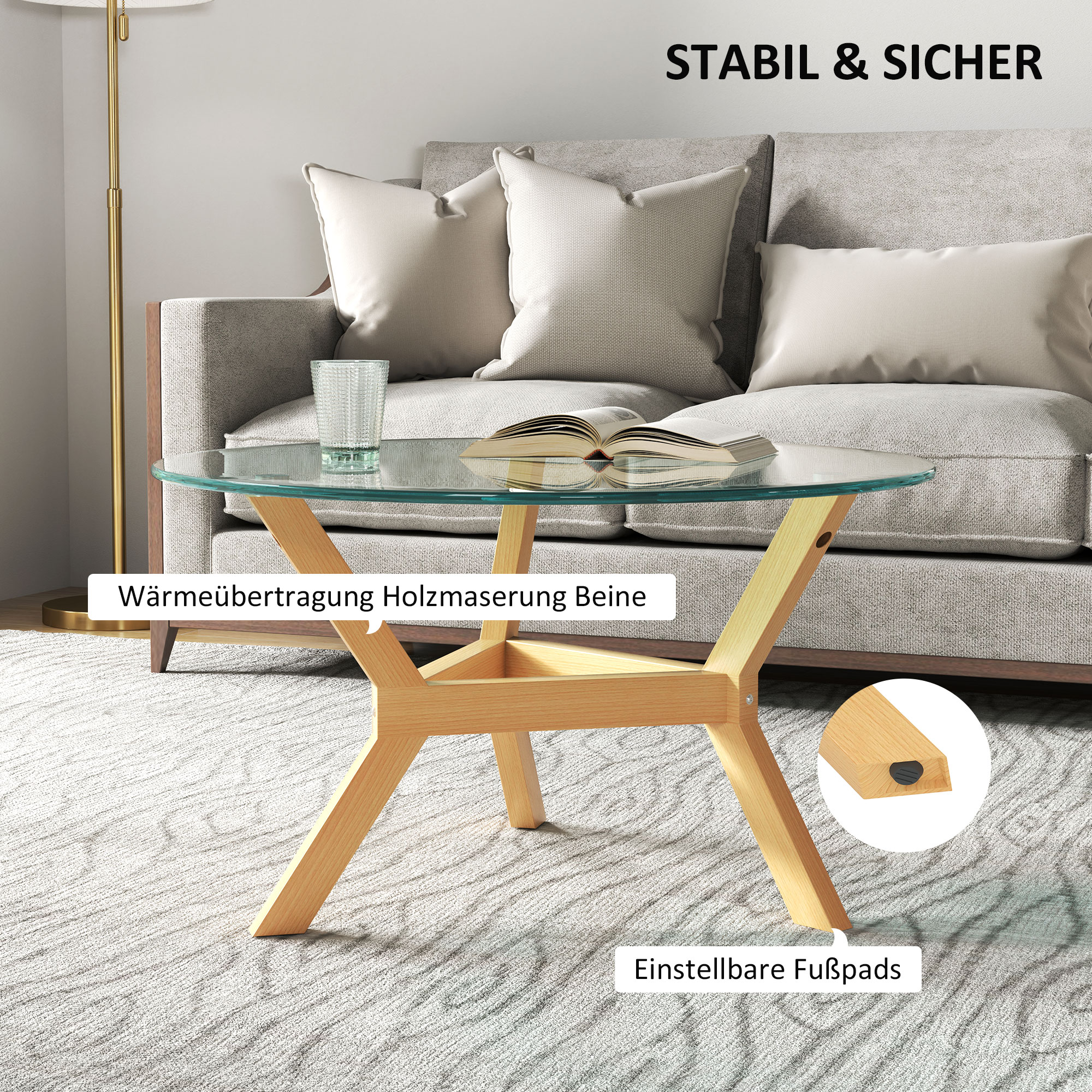 Runder Beistelltisch aus gehärtetem Glas mit verstellbaren Fußpolstern und Stahlrahmen, für Wohnzimmer, Schlafzimmer