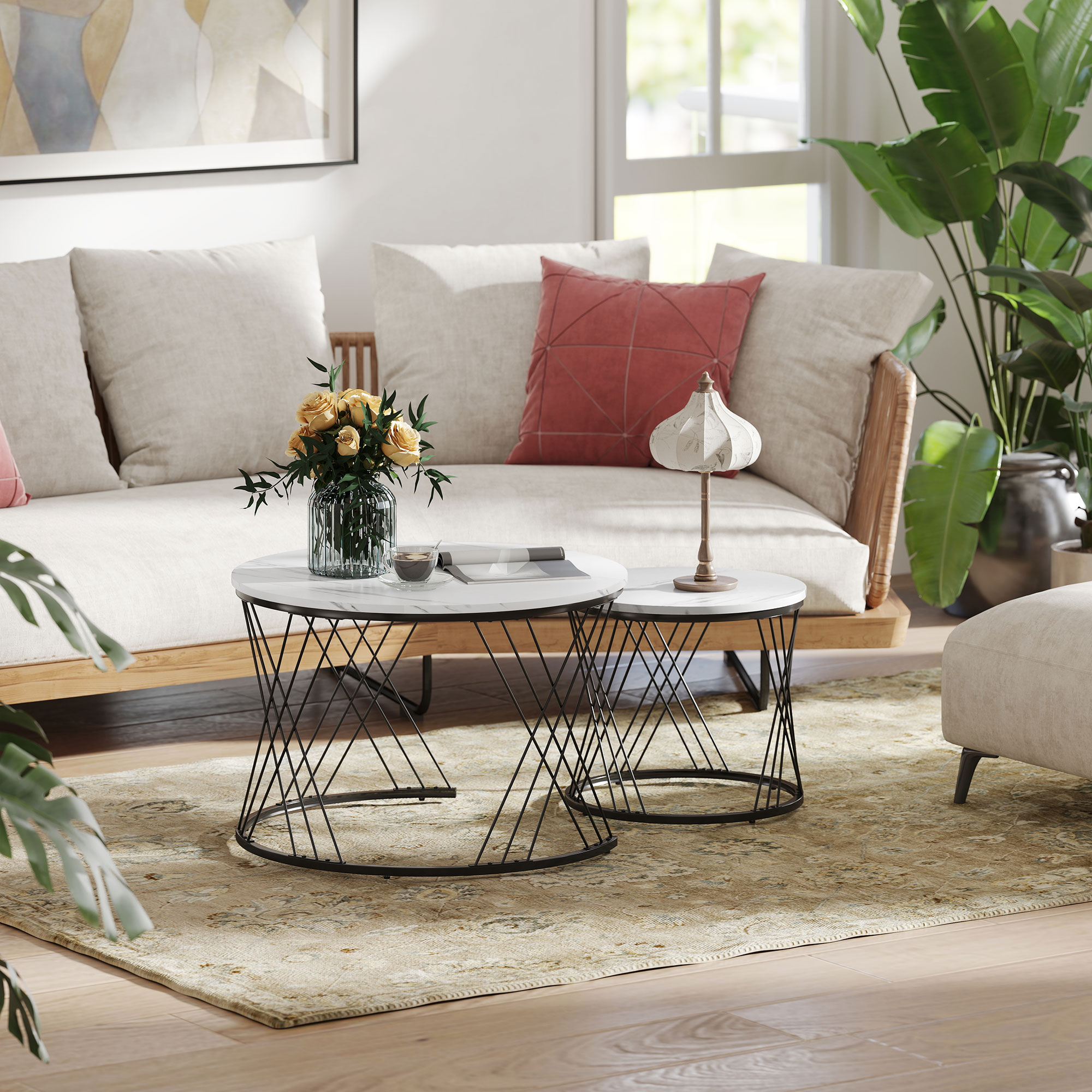 Couchtische im 2er-Set, Marmoroptik, Spanplatte, Metall, runde Kaffeetische für Wohnzimmer, ineinanderstellbar, Weiß