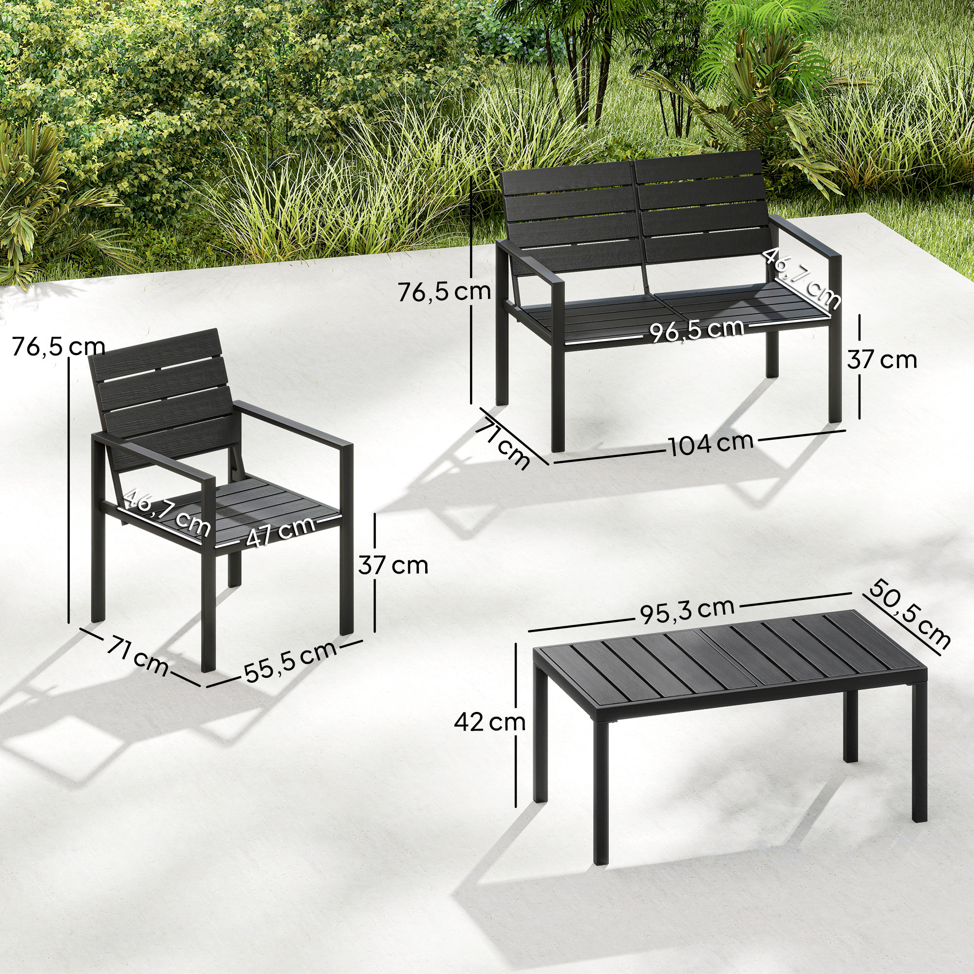 Gartenmöbel Set Sitzgruppe für 4 Personen Gartenlounge mit 2er Sofa 2 Sessel Beistelltisch Lamellendesign Schwarz