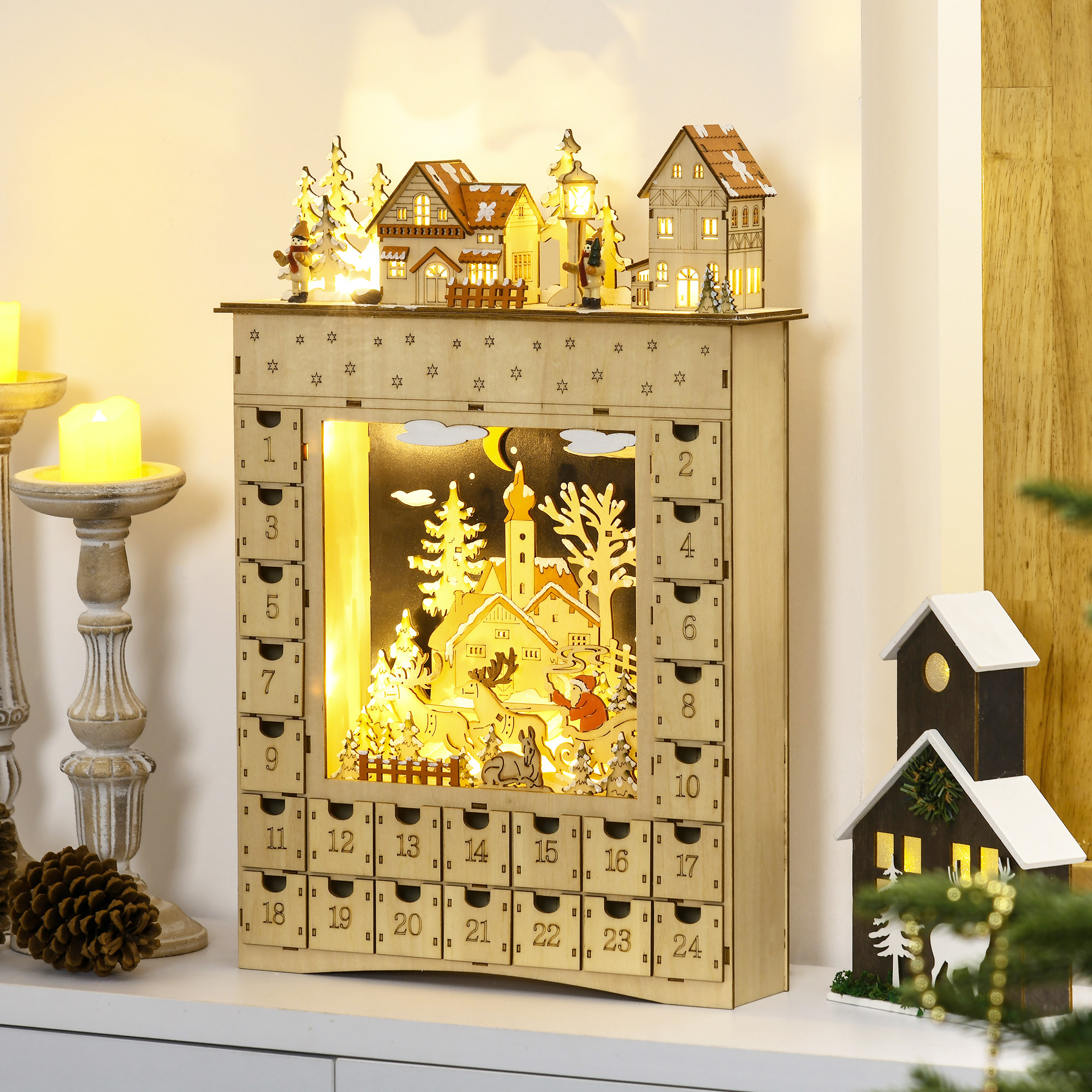 Adventskalender zum Befüllen 24 Schubladen Fächer Weihnachtskalender mit LED-Lichtern Naturholz 36 x 9 x 52 cm