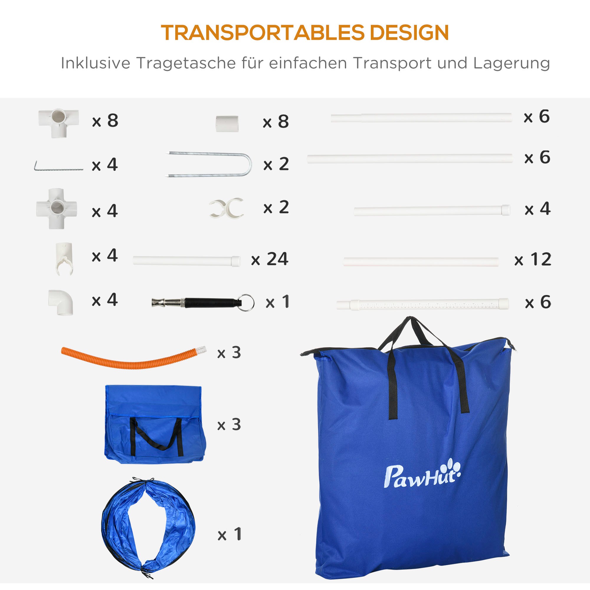 Hunde-Agiliy-Set Hundeparcours, 1 Reifen,  2 Tunnel 2 Hürden, 321 cm x 63c m x 93 cm, Blau + Rot+ Weiß