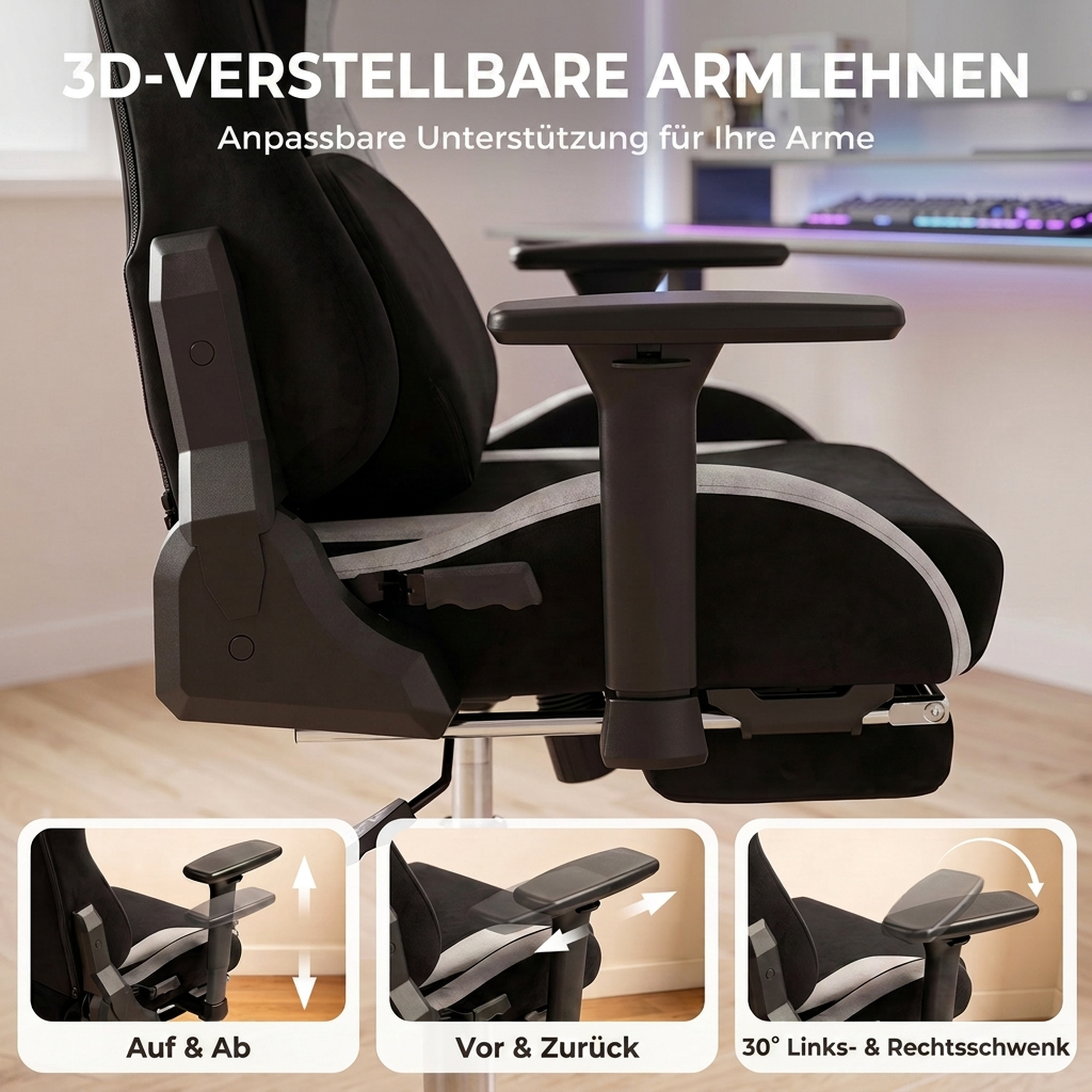 Gaming-Stuhl mit Massage- und beheiztem Lendenkissen, ergonomisch, Leinenoptik, 3D-Armlehnen, Kopfstütze, Schwarz