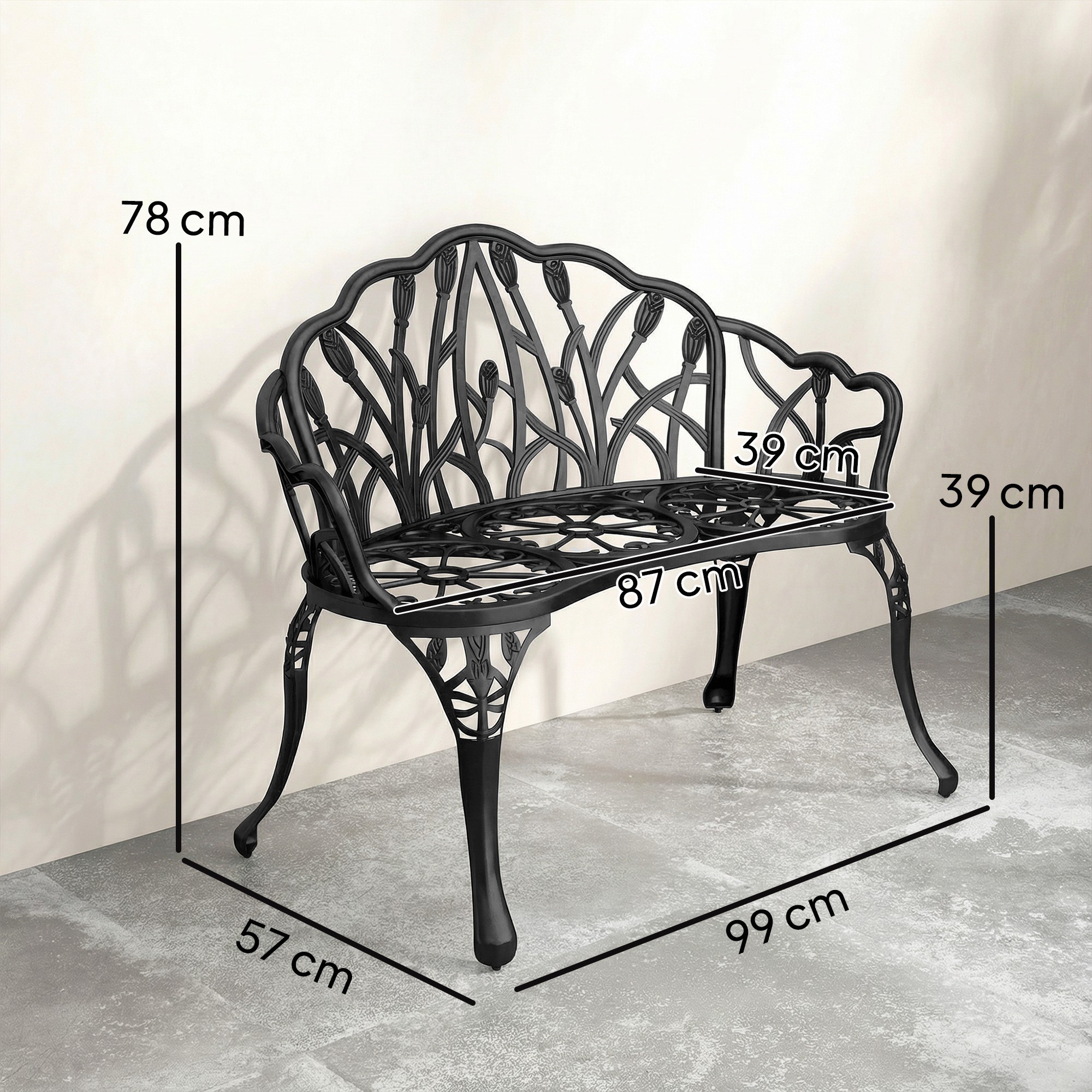 Gartenbank 2-Sitzer Gussaluminium wetterfest Outdoor Sitzbank mit Tulpen-Rückenlehne Blumenmotiv 99 x 57 x 78 cm