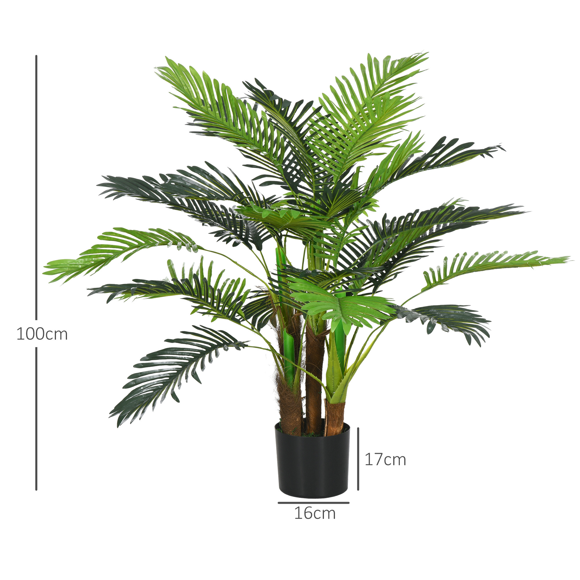 Künstliche Palme, 1 m, realistische Zweige, Dekorationspflanze, Kunststoff, mit Topf, Braun+Grün