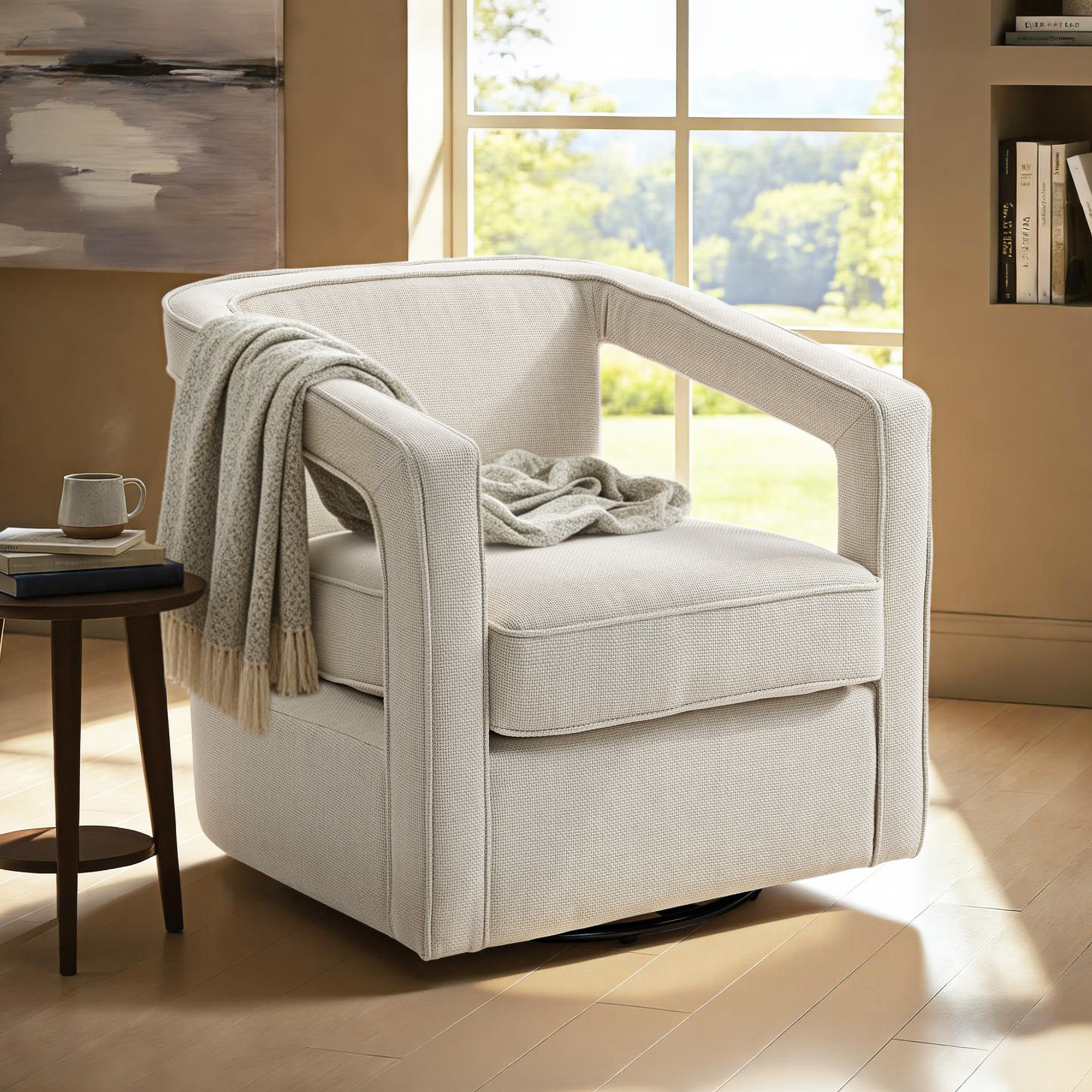 Sessel Wohnzimmer 360° drehbar Loungesessel Relaxsessel mit einteilig Rückenlehne und Armlehnen 77 x 75 x 72 cm Beige