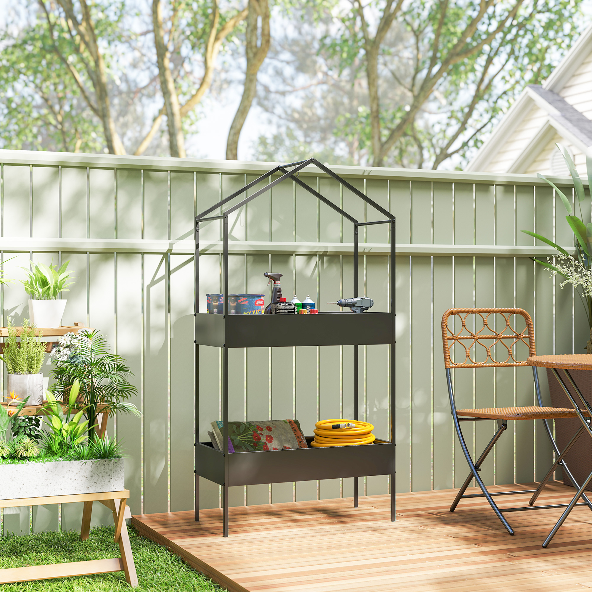 2-Etagen Pflanzenständer in Hausform, 150 cm hoch Blumenständer mit Haken, Metall Schwarz