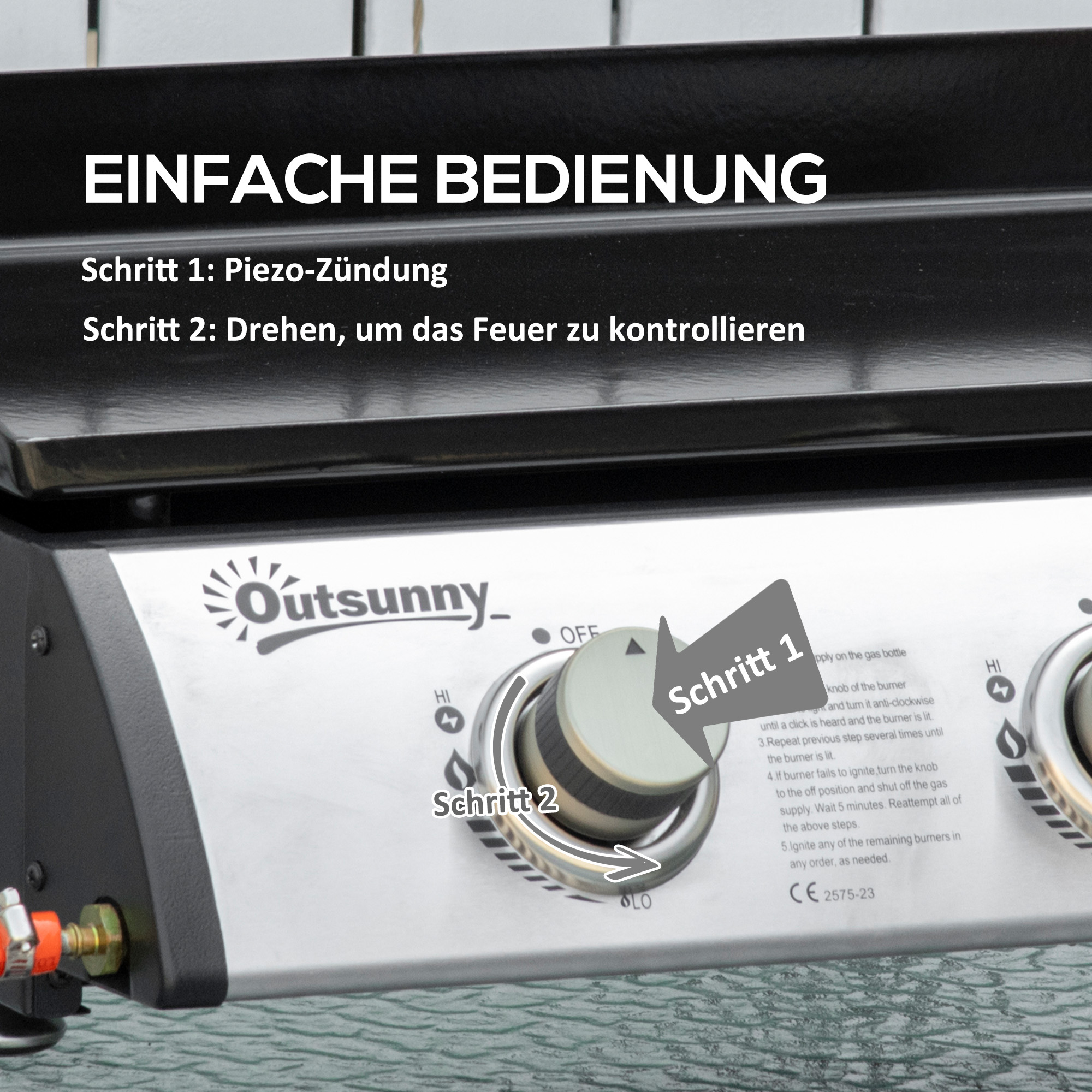 Gasgrill mit 3 Brennern, Schlauch, Antihaft-Grillplatte, Edelstahl, Farbe: Silber, 63 x 48 x 21 cm