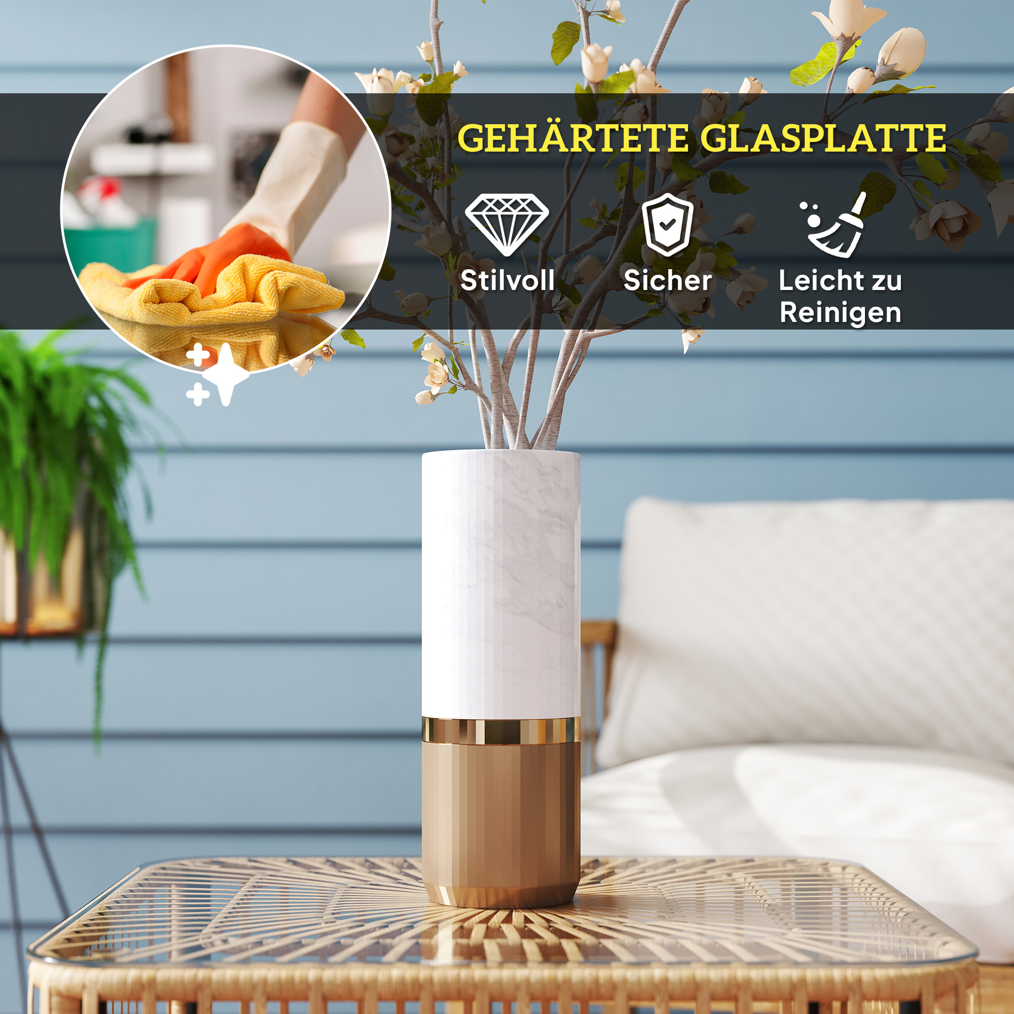 Polyrattan Gartentisch, 65 x 65 x 43 cm, wetterfest Beistelltisch quadrarisch mit Glasplatte Naturholz