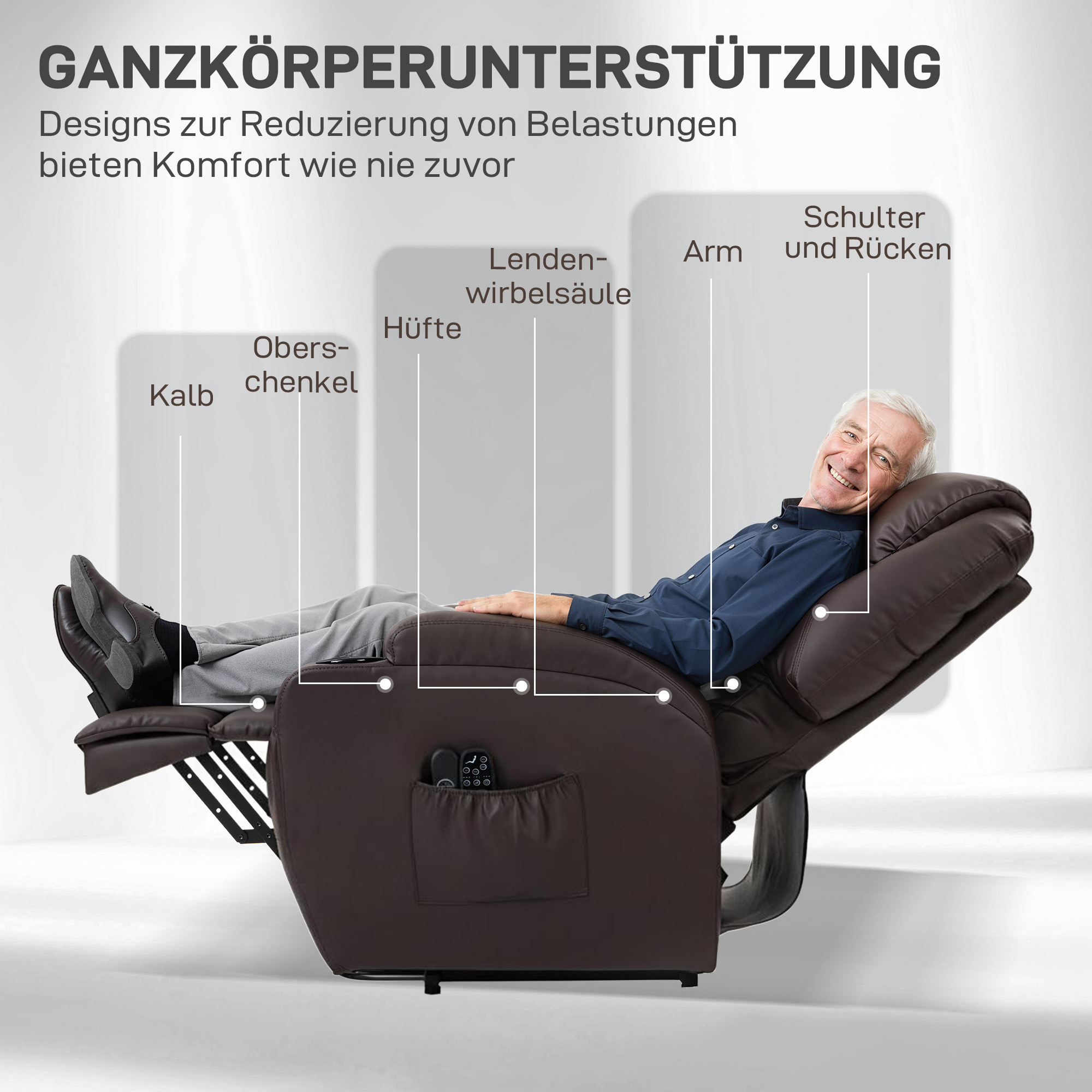 Aufstehsessel, Relaxsessel mit Aufstehhilfe, inkl. Fernbedienung, Becherhalter, verstellbare Rückenlehne, Braun