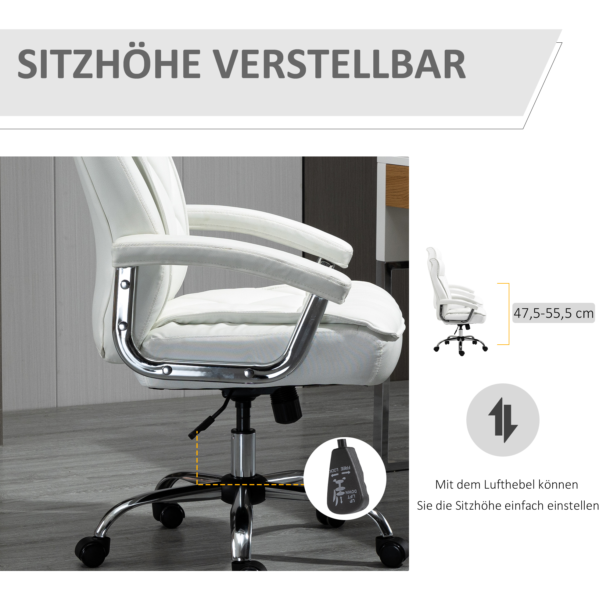 Bürostuhl, ergonomischer Schreibtischstuhl, höhenverstellbarer Drehstuhl mit Wippfunktion, Rautenmuster, Kunstleder, gepolsterter Chefsessel, Weiß