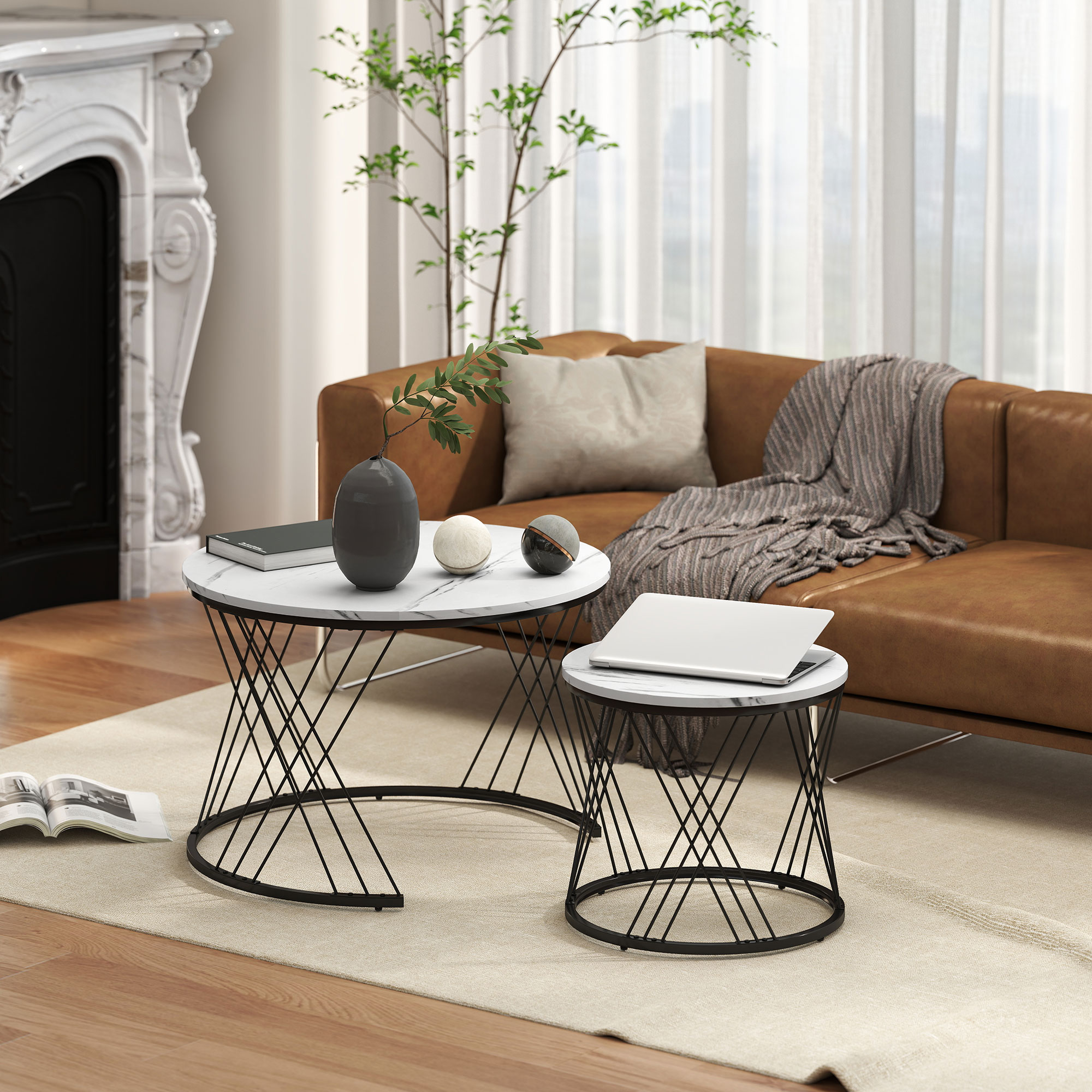 Couchtische im 2er-Set, Marmoroptik, Spanplatte, Metall, runde Kaffeetische für Wohnzimmer, ineinanderstellbar, Weiß