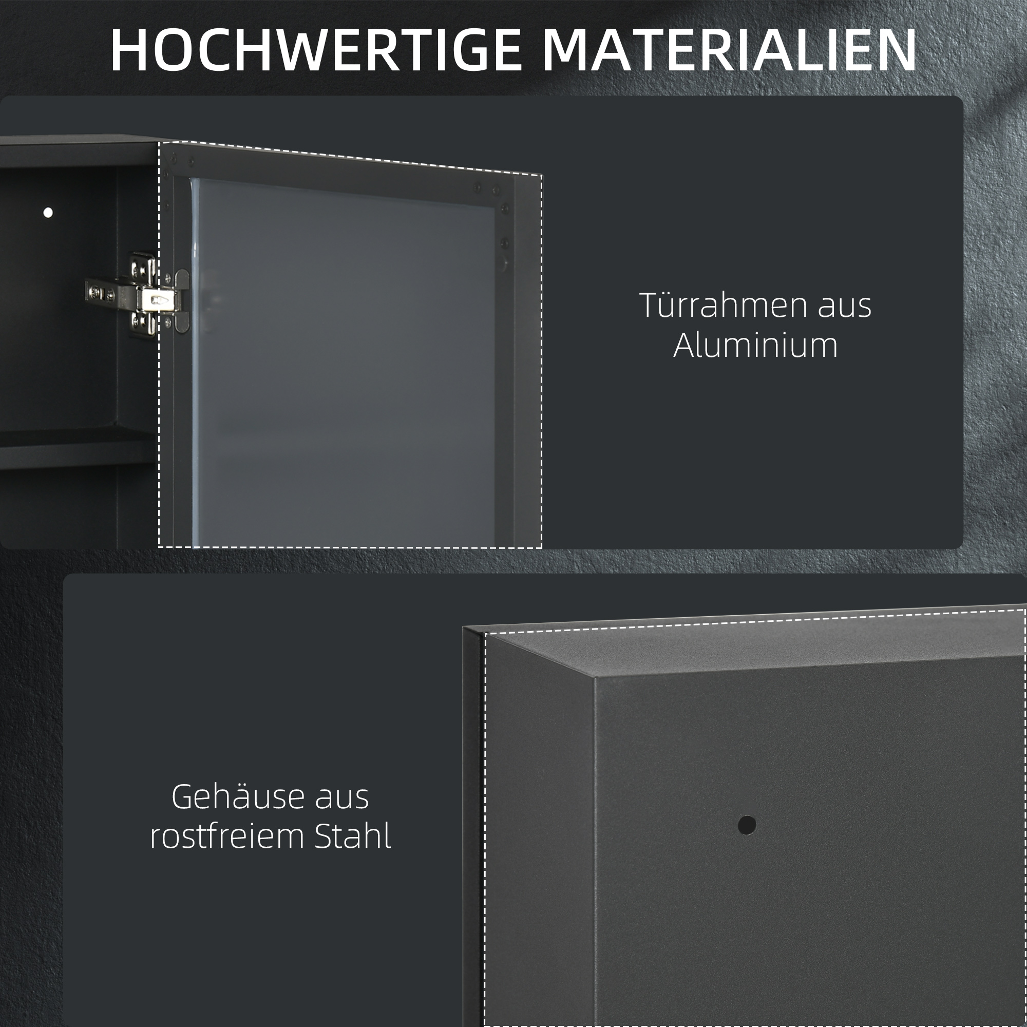Spiegelschrank, Badschrank, 3 Regalfächer, Edelstahl, 40x12x60cm, Schwarz