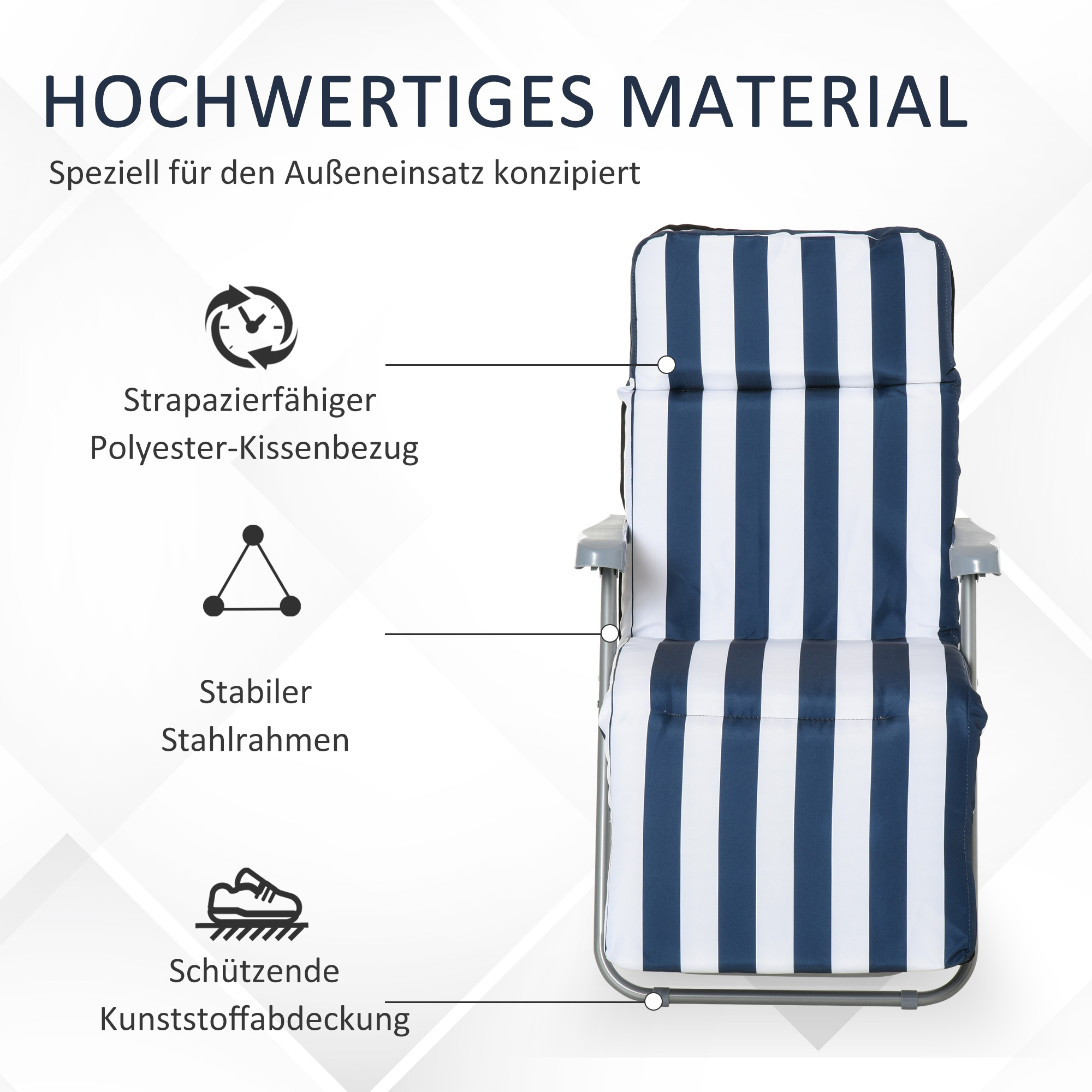 2 x Klappstühle Gartenstuhl Sonnenliege Armlehne klappbar 5 Positionen Auflage Blau 60 x 75 x 102 cm