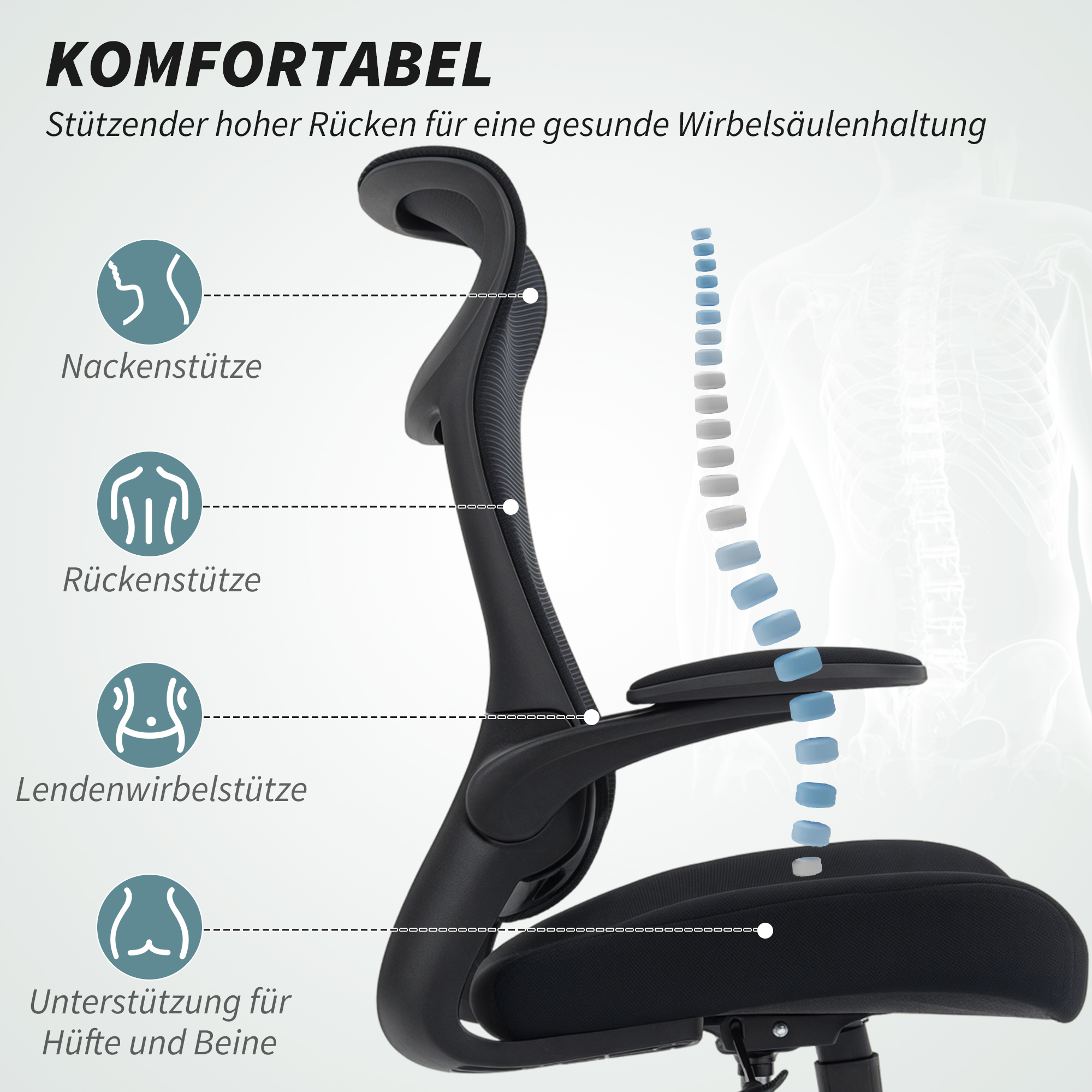 Ergonomischer Bürostuhl mit 3D-Armlehnen, Netzstoffrücken, S-förmige Rückenlehne, Kopfstütze, Kippfunktion, Schwarz