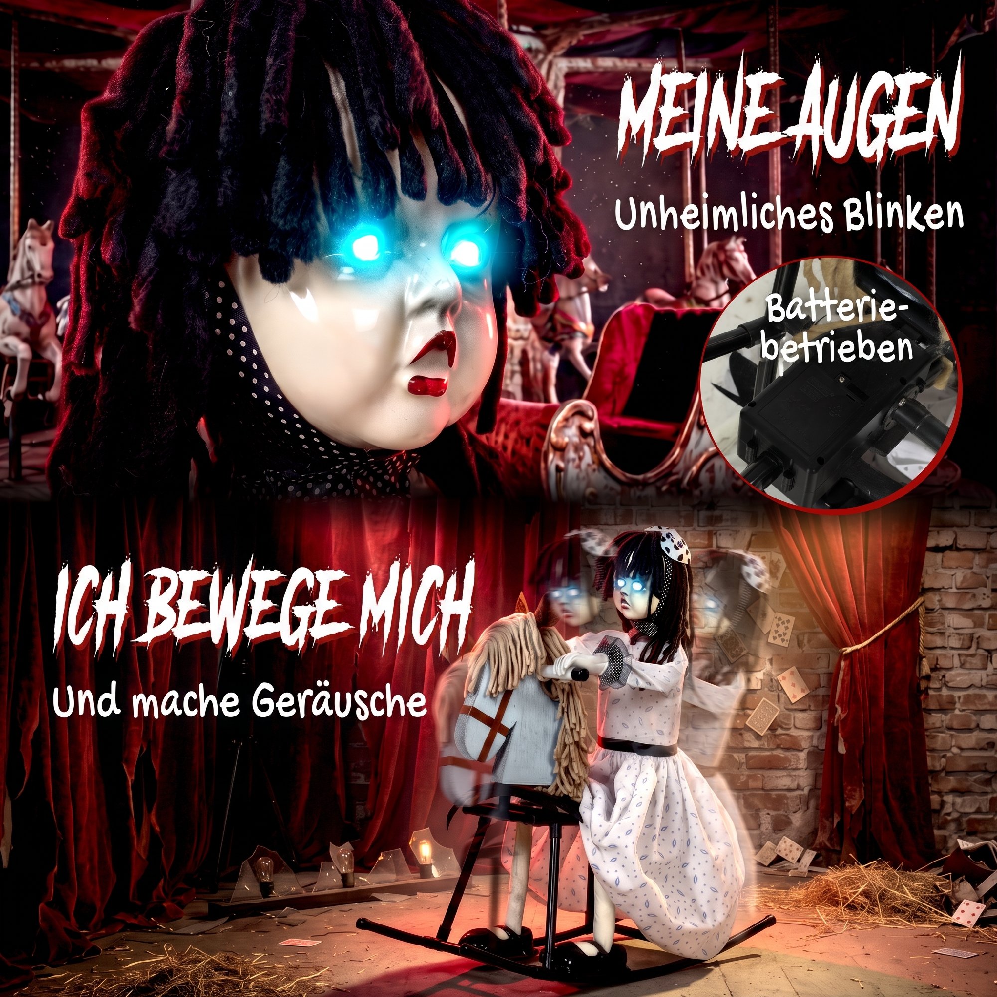 animiertes Halloween-Mädchen auf Schaukelpferd mit gruseligen Reimen, leuchtenden Augen und Sound-/Touch-Aktivierung