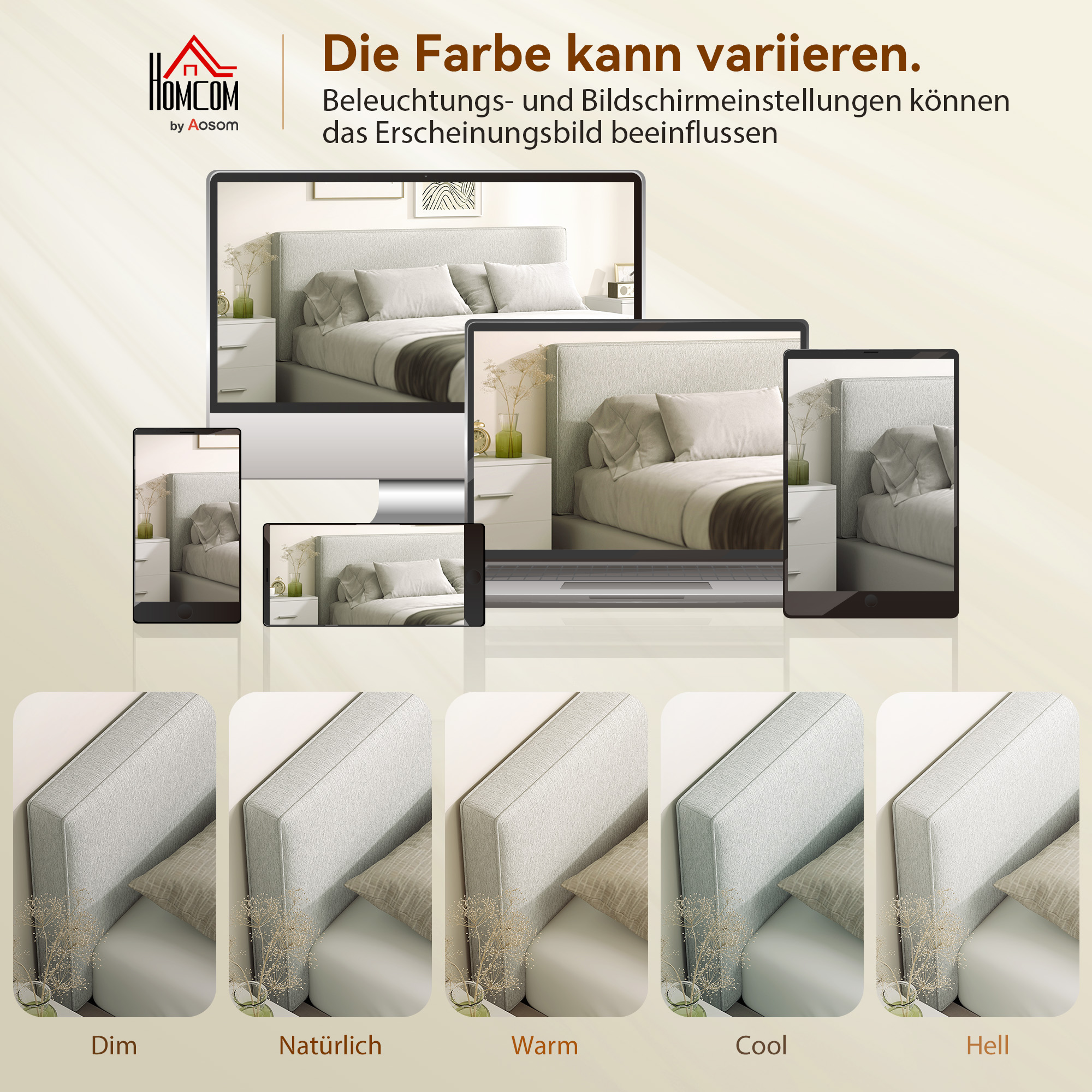 Wandmontiertes Kopfteil für Bett-Polsterung, 160 x 10 x 60 cm, Stoffbezug, Cremeweiß