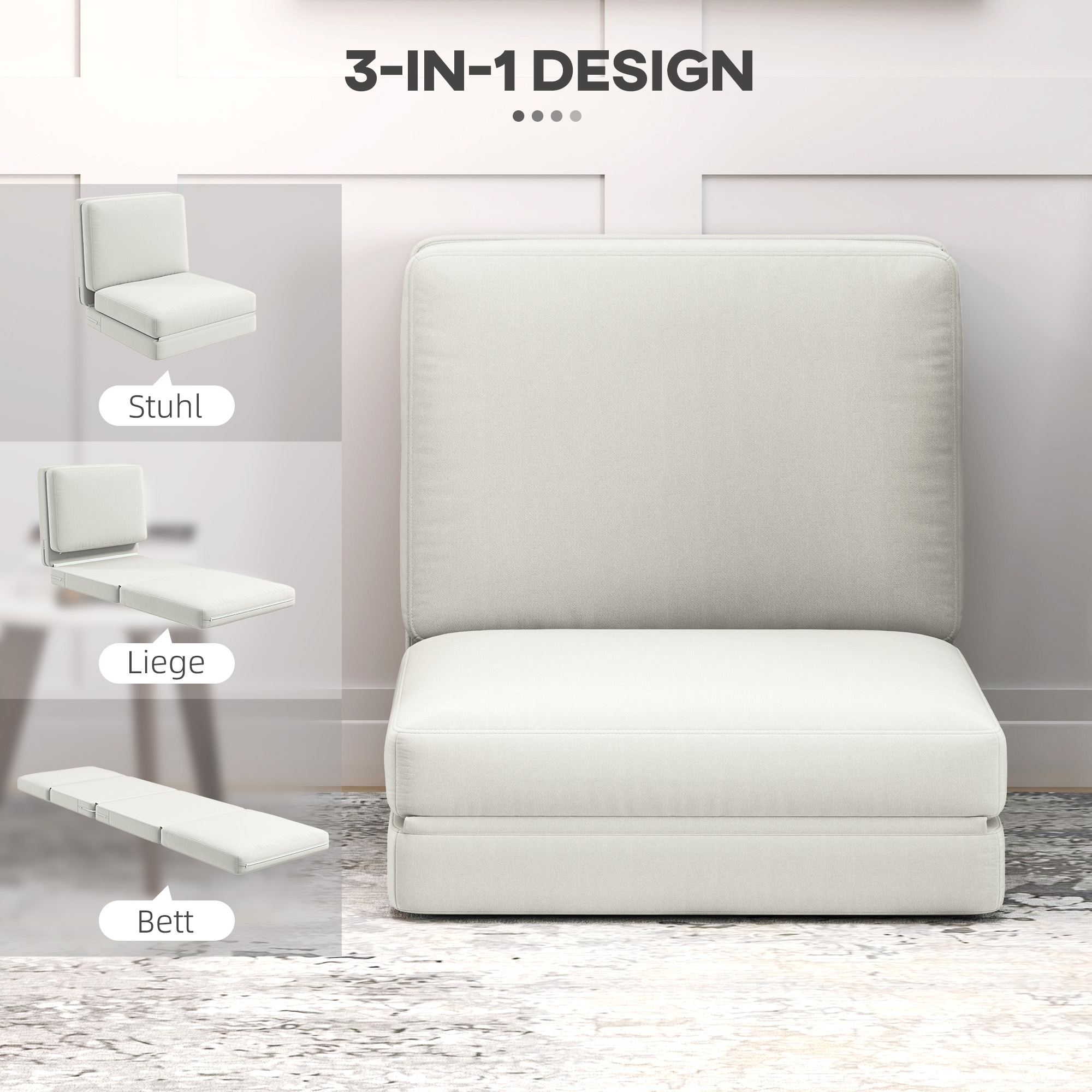 Faltbarer Bodensessel mit Kissen, wandelbares Polstersofa, Wohnzimmer, Gästezimmer, Büro, 75 x 268 x 18 cm, Cremeweiß