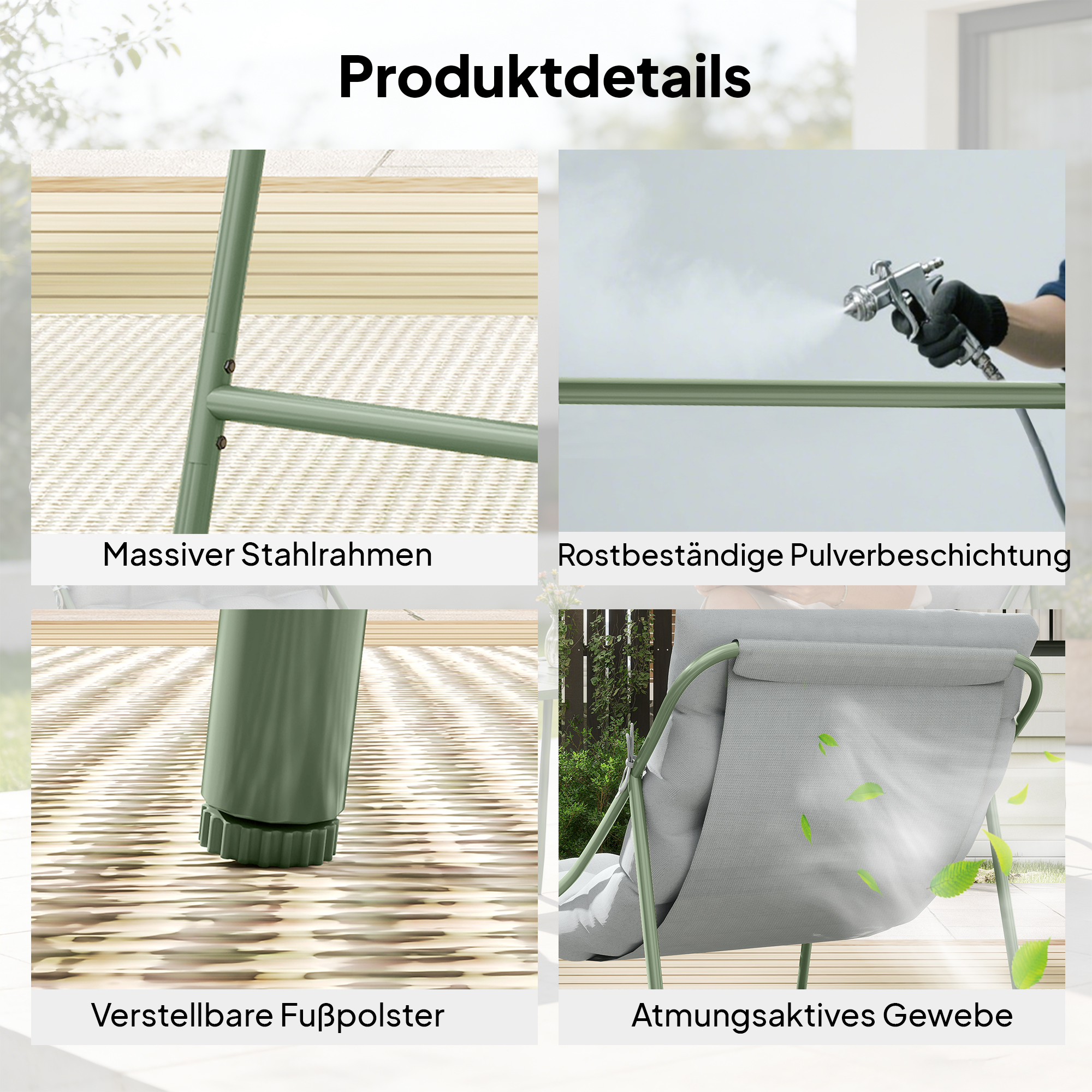 Balkonmöbel Set 3 teilig Gartenmöbel Set mit Tisch Kissen Stahlgestell verstellbar Fußpads Hellgrau