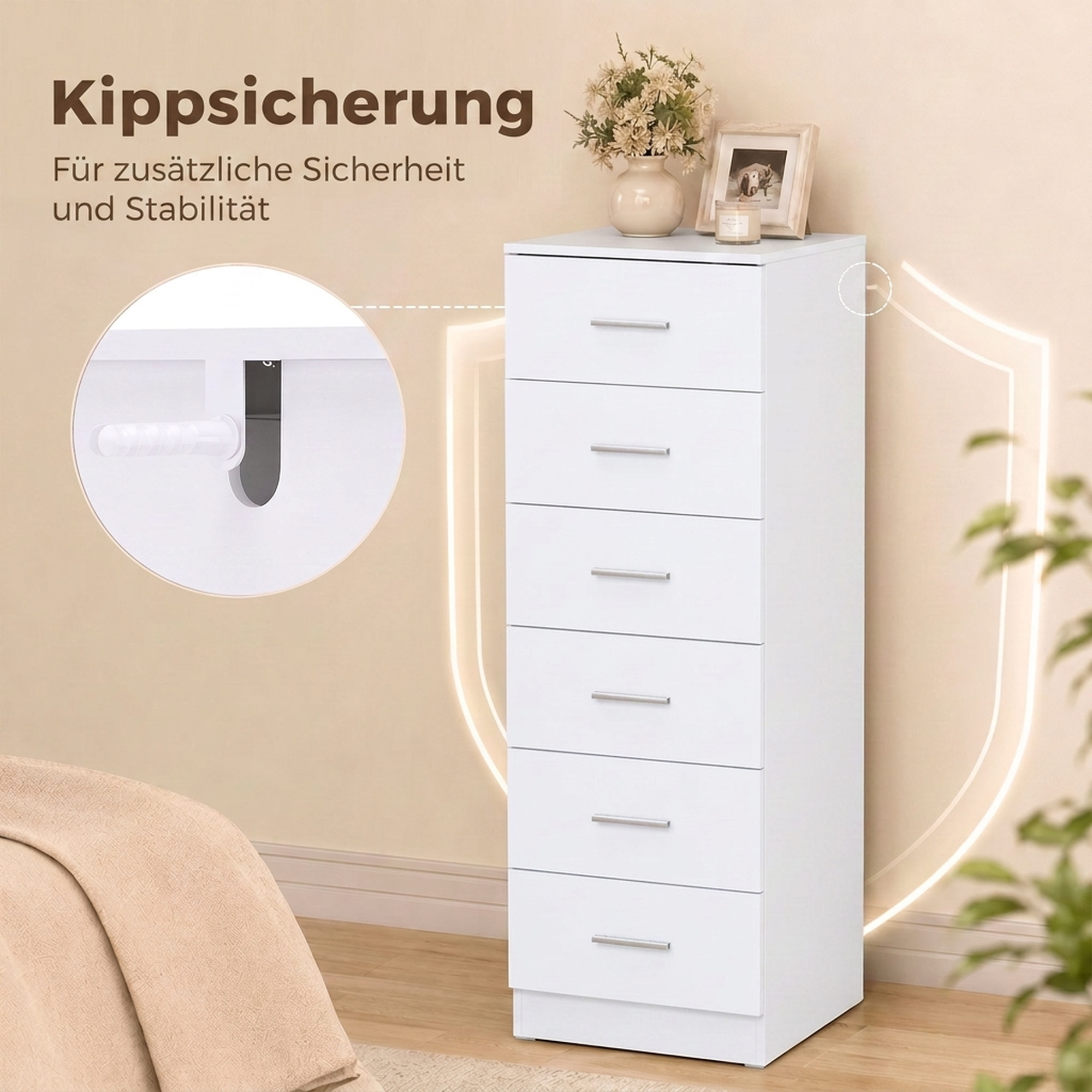Kommode mit 6 Schubladen, moderne Schlafzimmerkommode, Aufbewahrungsschrank, 40 x 40 x 110 cm, Weiß in Holzoptik