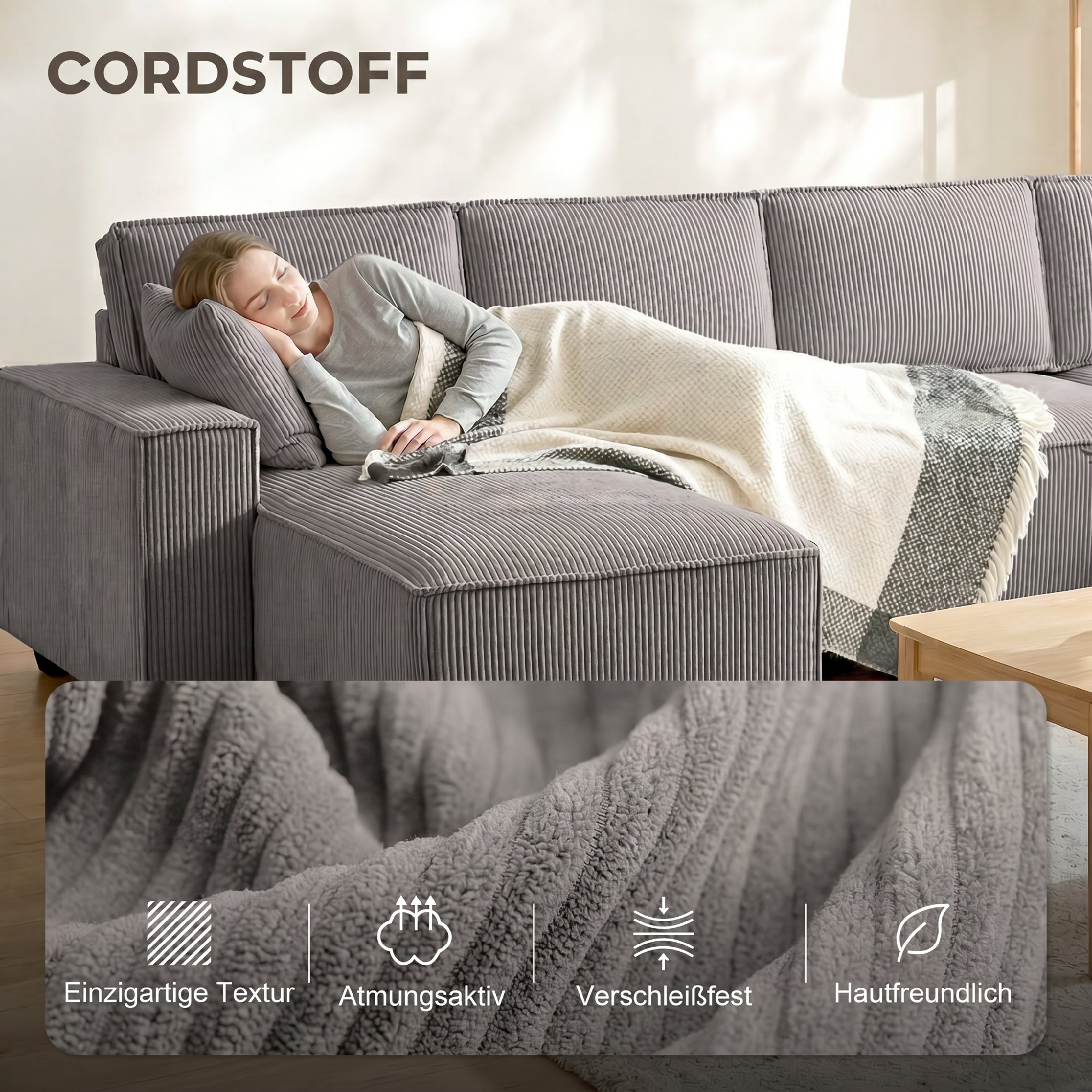 Ecksofa mit Doppel-Chaiselongues, U-förmiges Sofa aus Cordstoff mit breitem und tiefem Sitz, Federkernkissen, Hellgrau