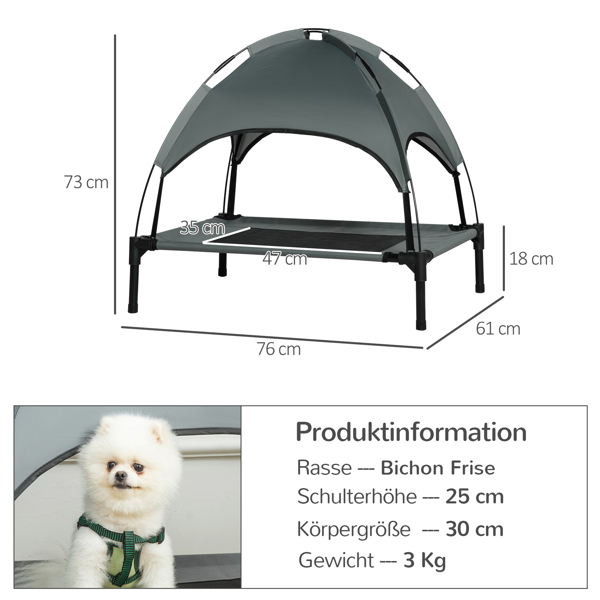 erhöhtes Hundebett mit Baldachin, Haustierbett, Hundeliege outdoor mit Dach, Atmungsaktiv, Taftstoff für Camping Grau 76 x 61 x 73 cm