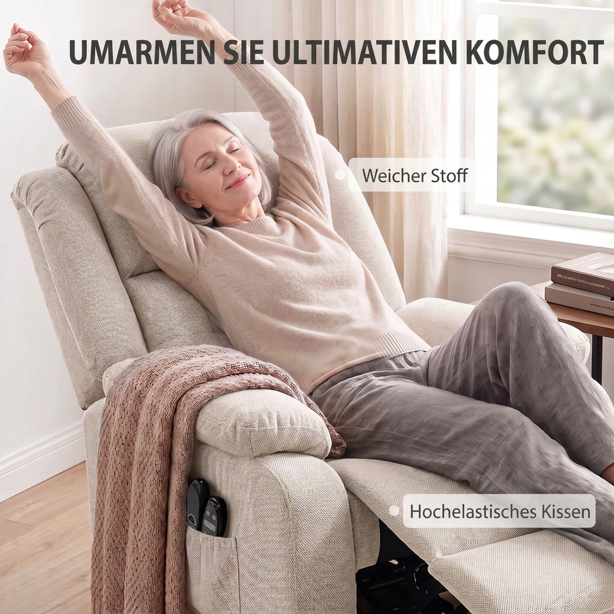 Fernsehsessel mit Massage- und Wärmefunktion, Elektrischer Aufsteh-Sessel, Fernbedienung, Seitentaschen, Beige
