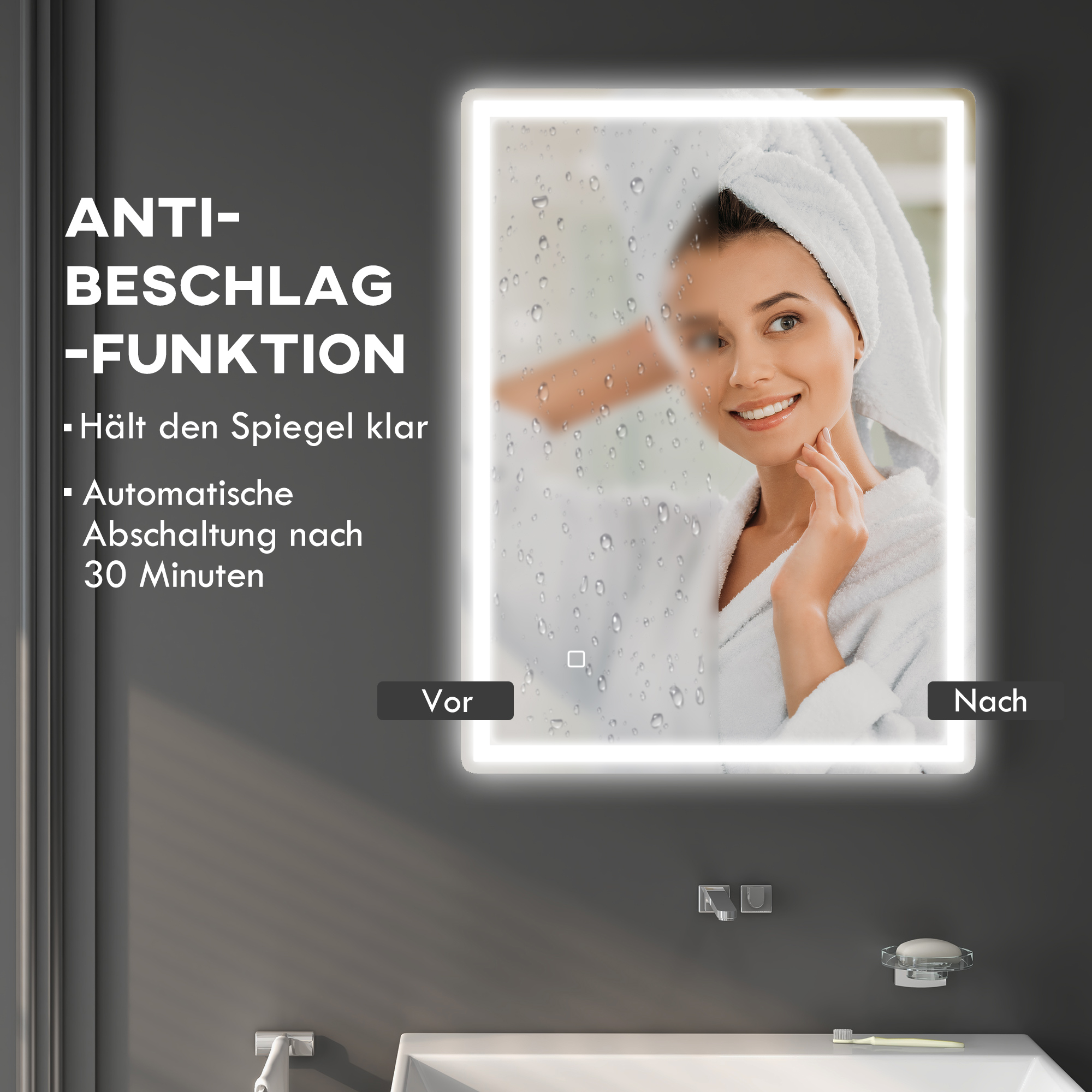 Badspiegel Badezimmerspiegel Wandspiegel LED´s. Ber, gsschalter, Antibeschlagfunktion, 60 x 80 x 4 cm, Weiß