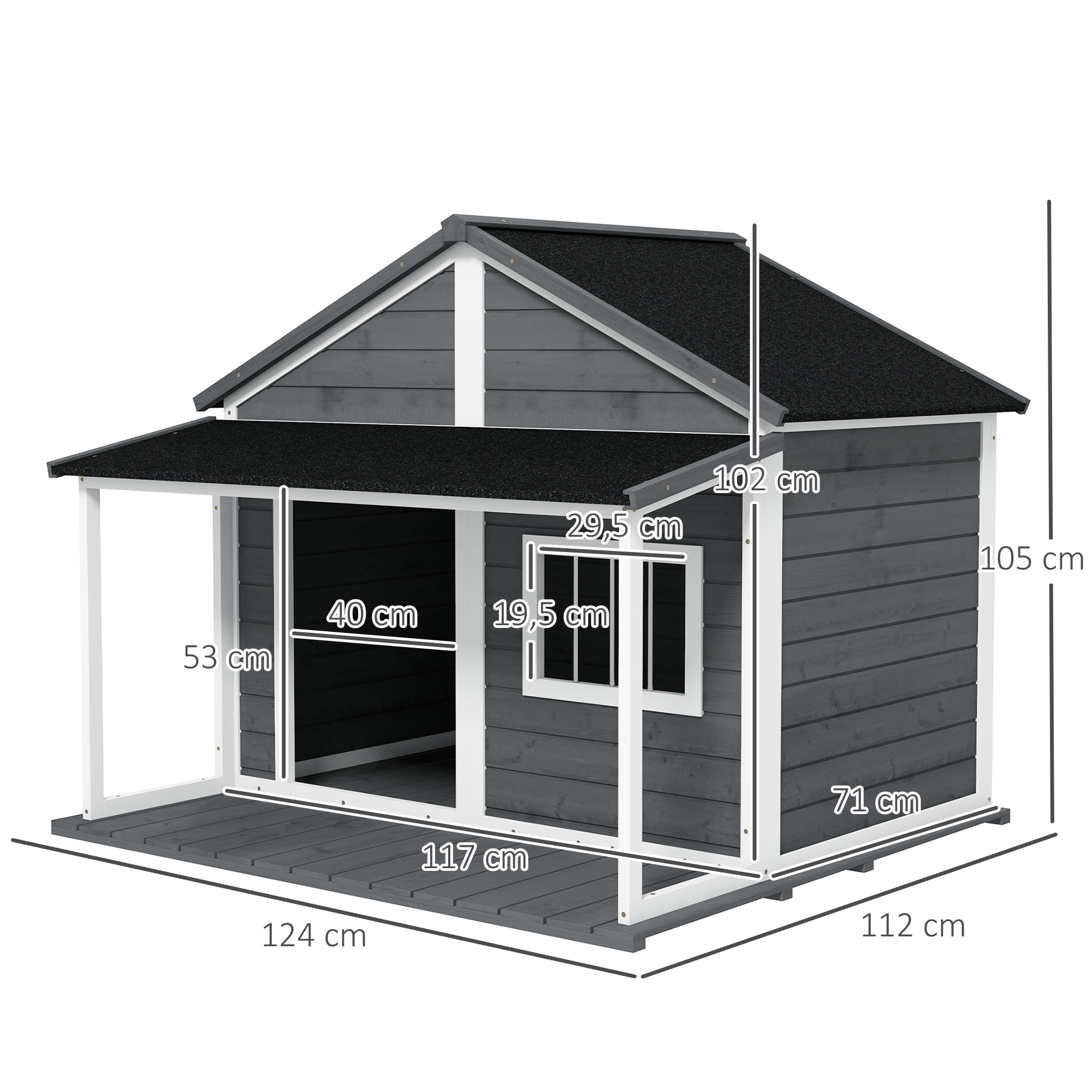 Hundehütte Outdoor-Hundehütte, inkl. Veranda, wetterbeständig, 124 cm x 112 cm x 105 cm, Grau + Weiß