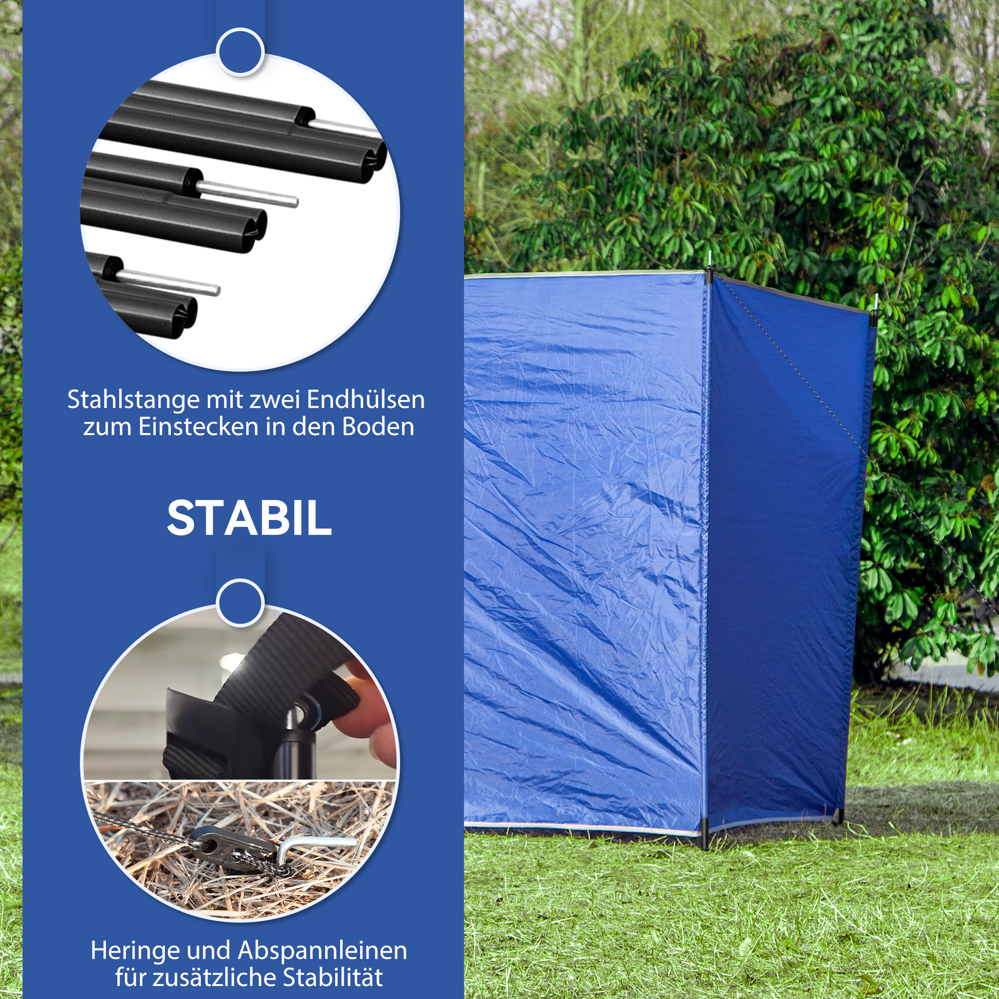 Windschutz faltbar Camping Sichtschutz mit Tragetasche Stahlstangen für Camping Garten Strand 450 x 150 cm Blau