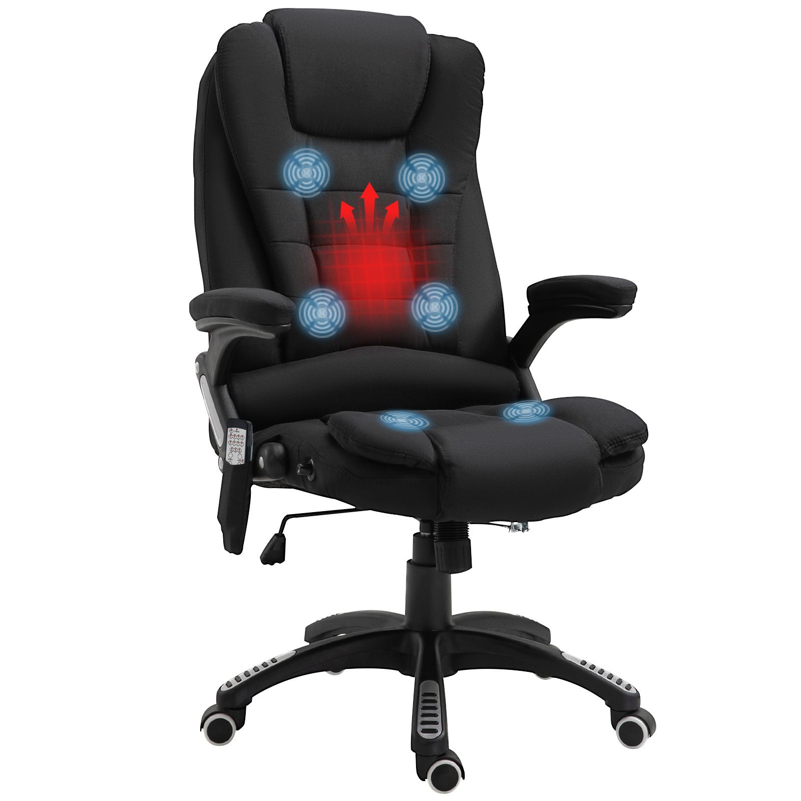 Bürostuhl mit Vibrationsmassage, Ergonomisch Schreibtischstuhl mit Heiz-, Liegefunktion, Höhenverstellbar Chefsessel mit Fernbedienung, Seitentasche, Leinenoptik, Schwarz