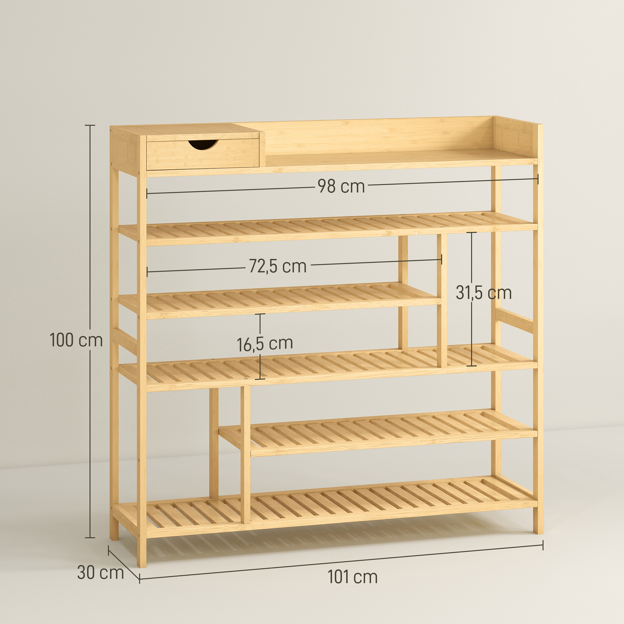Schuhregal, Schuhständer mit 6 Ebenen, Schublade aus Bambus, für max. 18 Paar Schuhe, Schuhablage für Eingang, Schlafzimmer, 101 x 30 x 100 cm, Natur